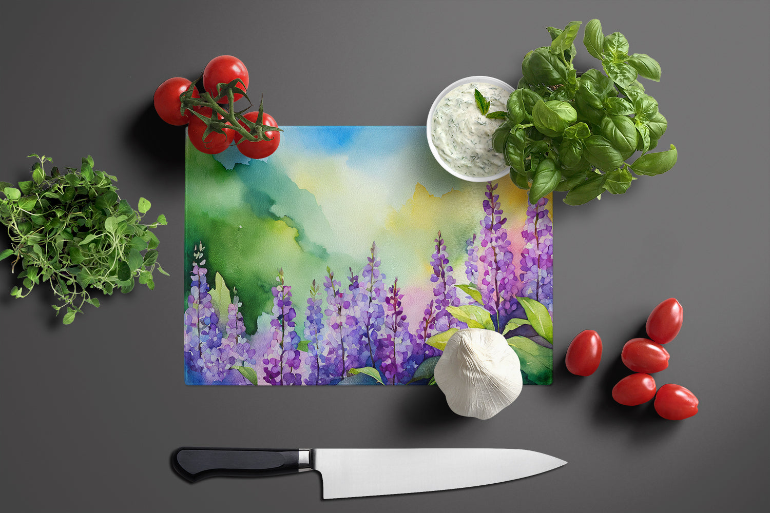 Idaho Syringa in Watercolor Glass Cutting Board Large  the-store.com.