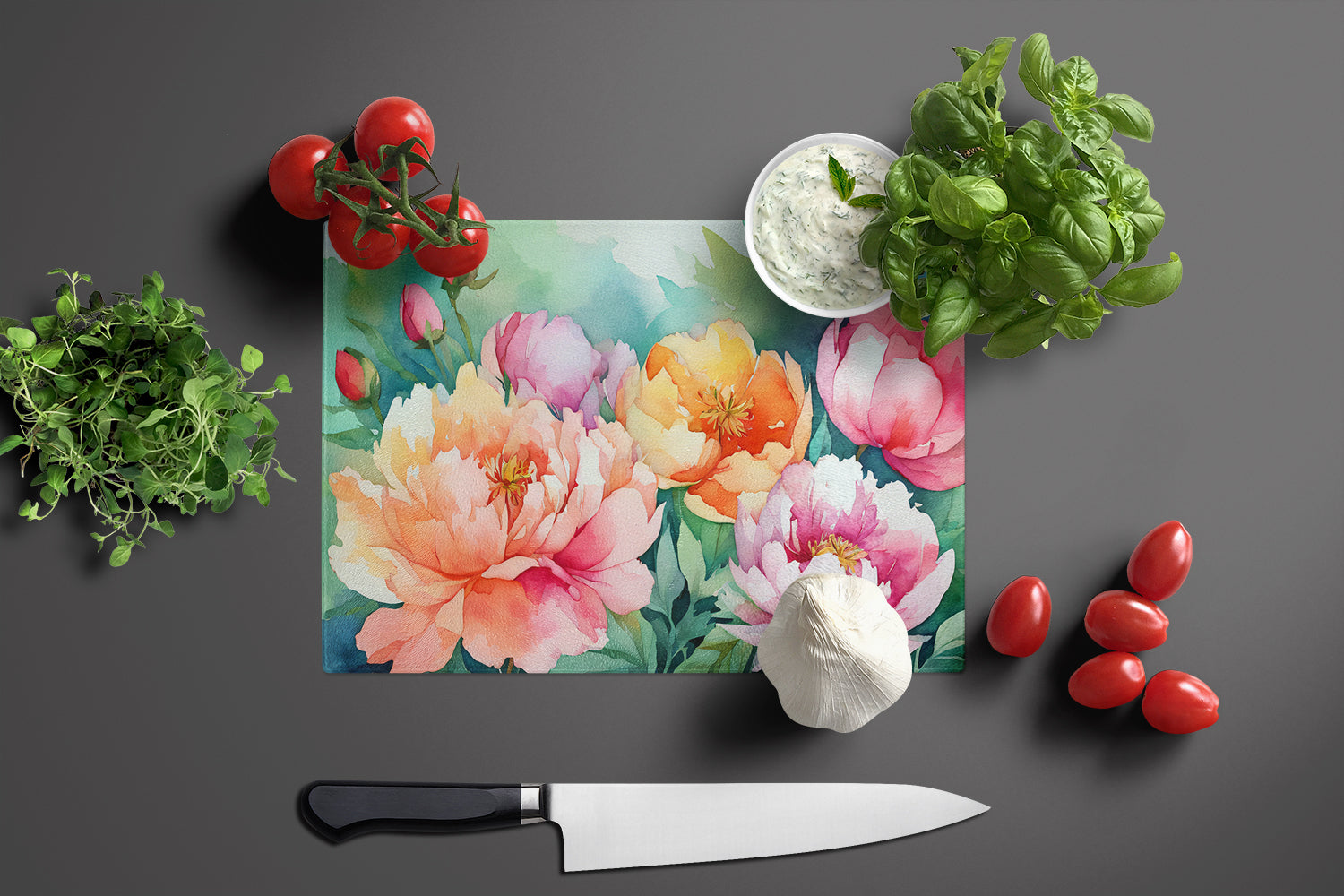 Indiana Peonies in Watercolor Glass Cutting Board Large  the-store.com.