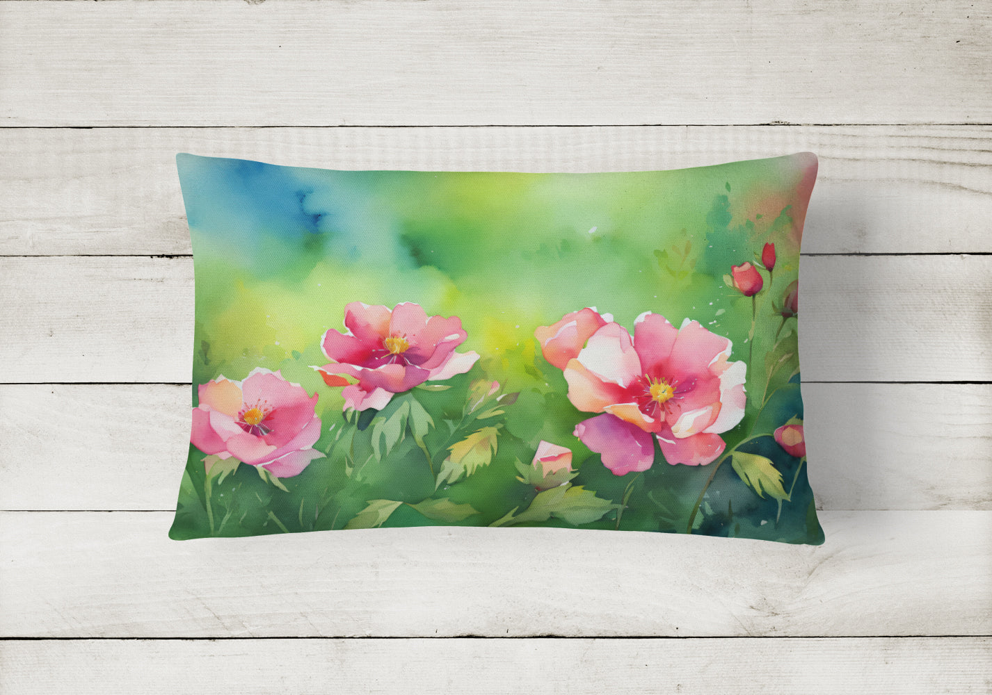 Iowa Wild Prairie Roses in Watercolor Fabric Decorative Pillow  the-store.com.