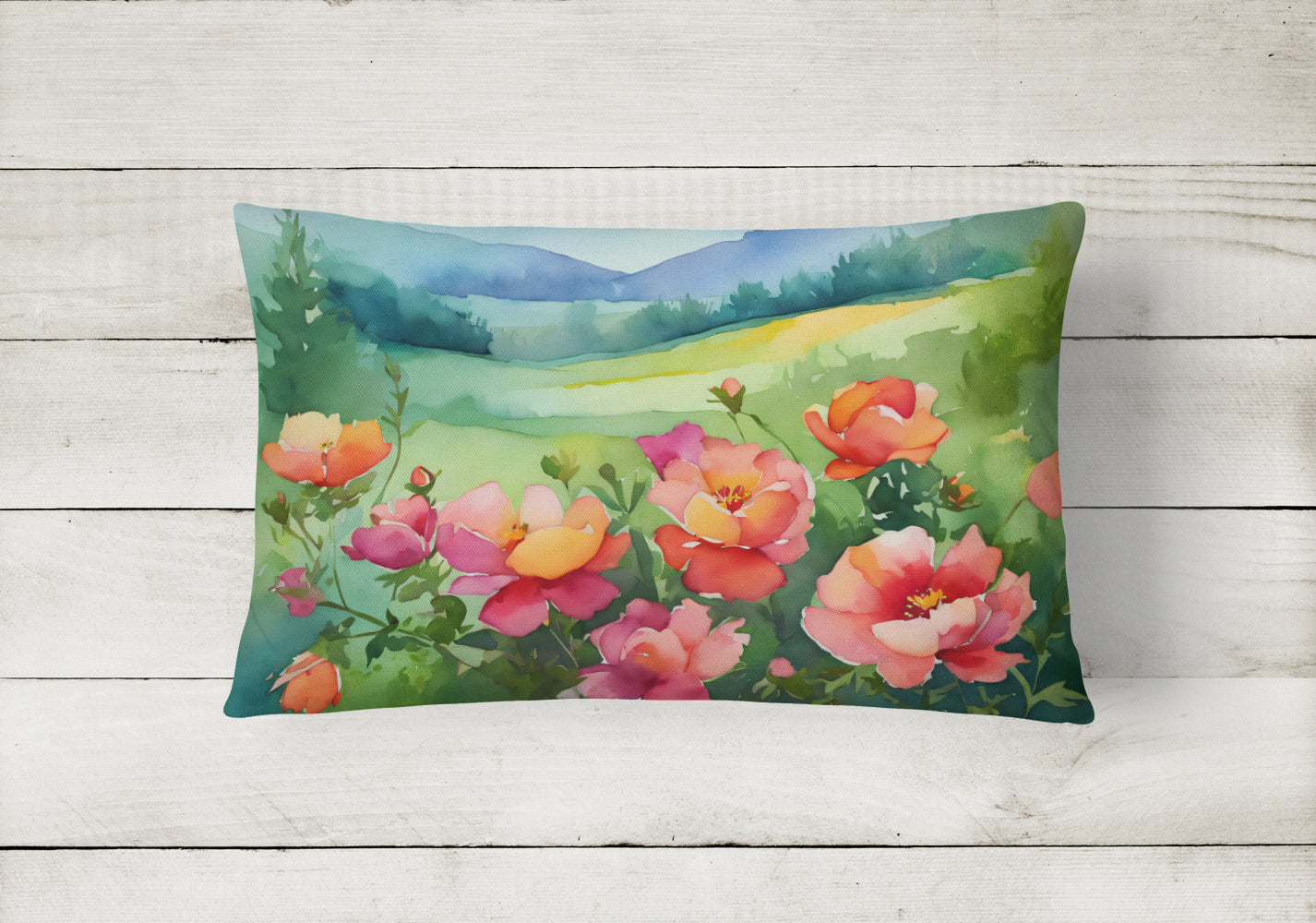 Iowa Wild Prairie Roses in Watercolor Fabric Decorative Pillow  the-store.com.