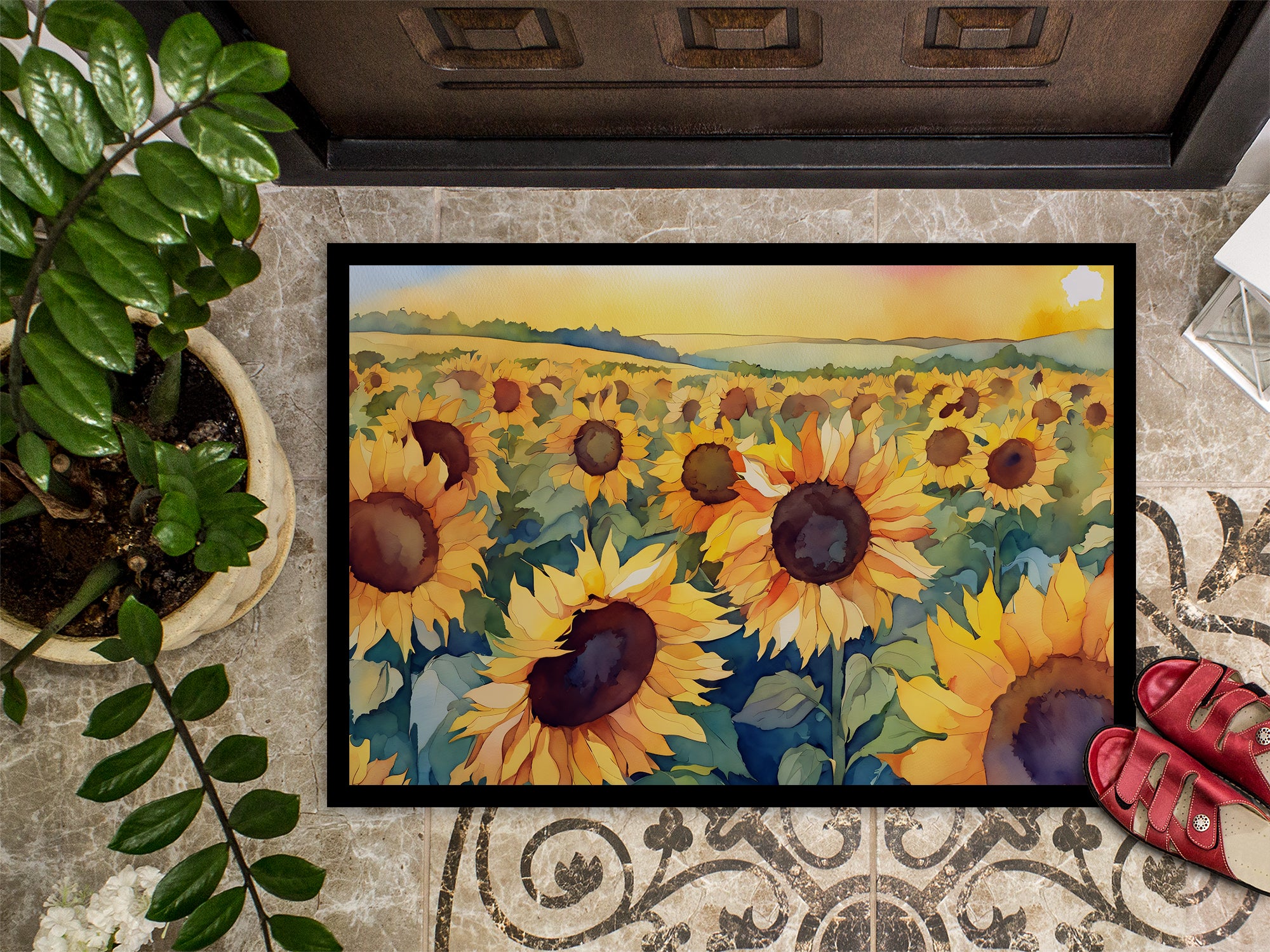 Kansas Sunflowers in Watercolor Indoor or Outdoor Mat 24x36  the-store.com.