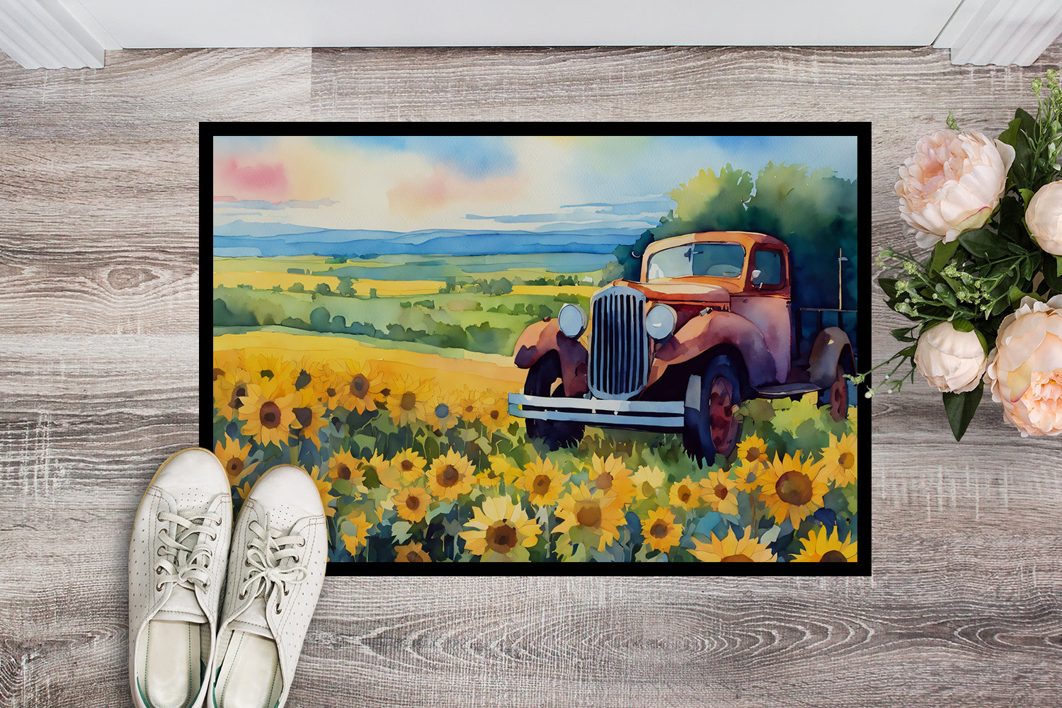 Kansas Sunflowers in Watercolor Indoor or Outdoor Mat 24x36  the-store.com.