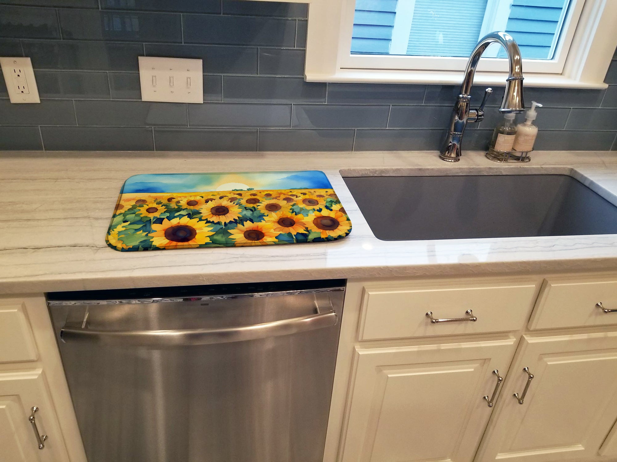 Kansas Sunflowers in Watercolor Dish Drying Mat  the-store.com.