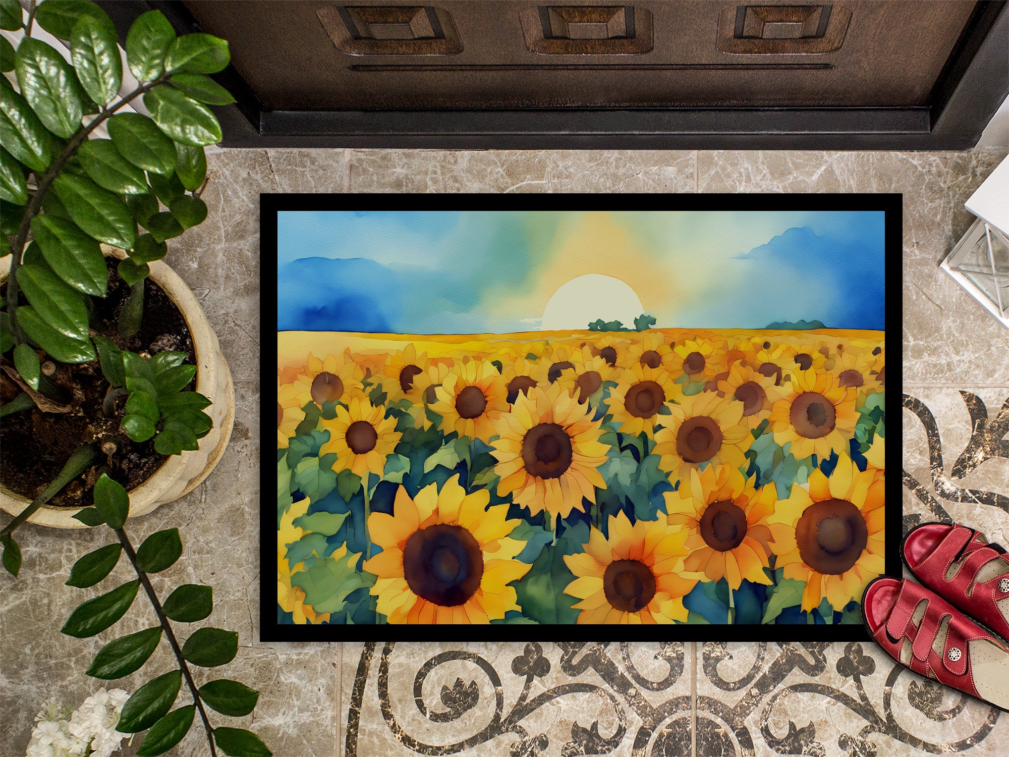Kansas Sunflowers in Watercolor Indoor or Outdoor Mat 24x36  the-store.com.
