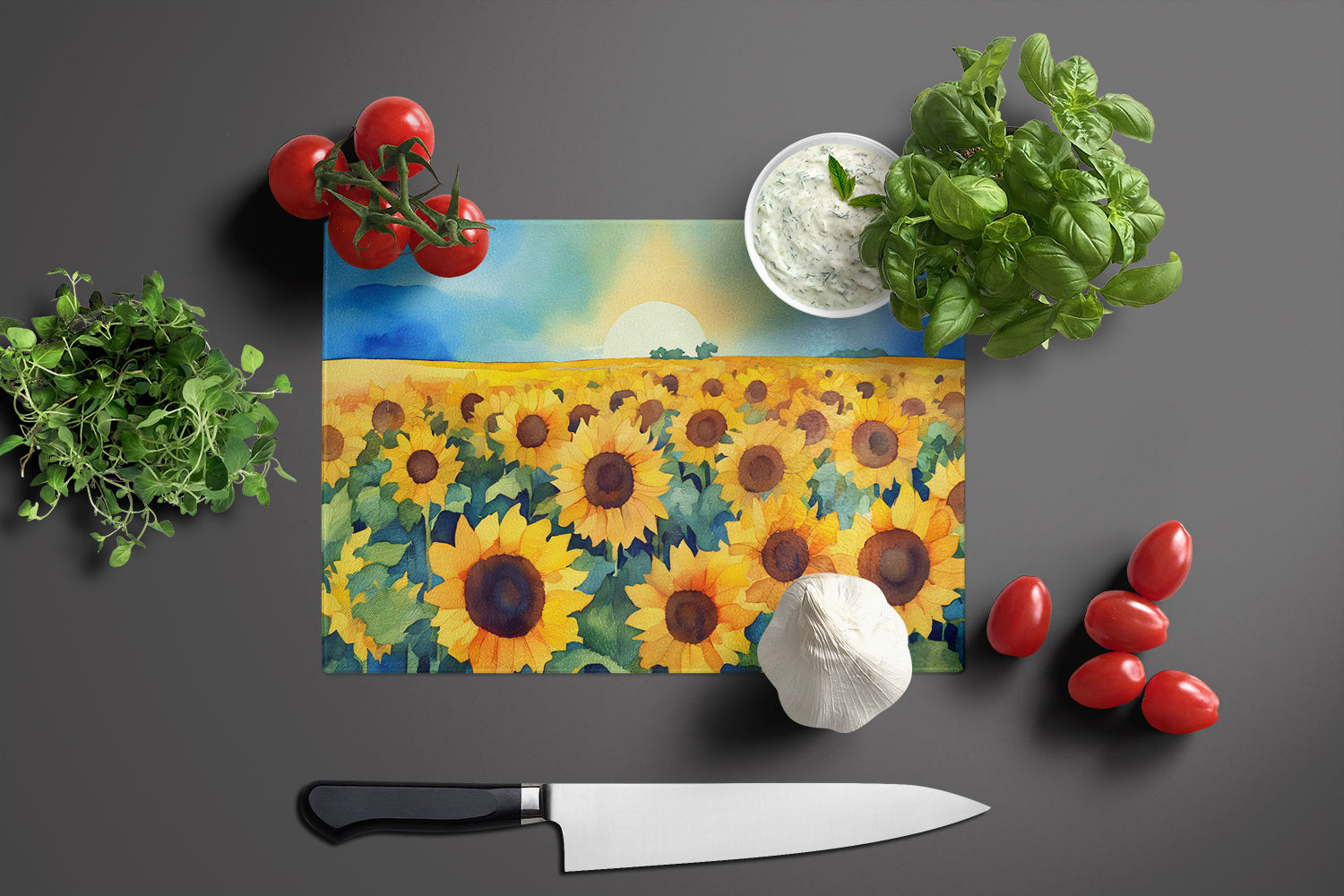 Kansas Sunflowers in Watercolor Glass Cutting Board Large  the-store.com.