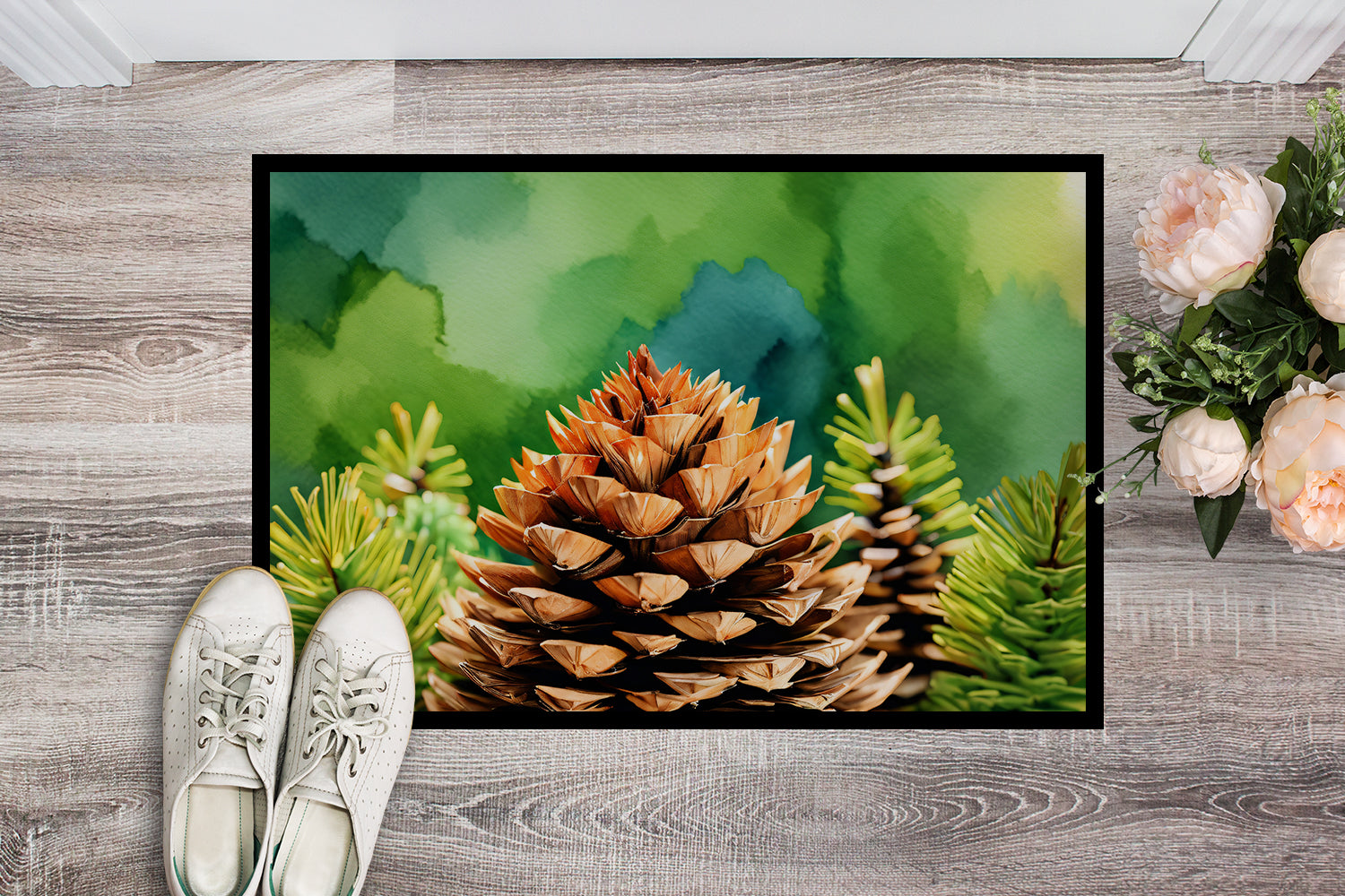 Buy this Maine White Pine Cone and Tassels in Watercolor Indoor or Outdoor Mat 24x36