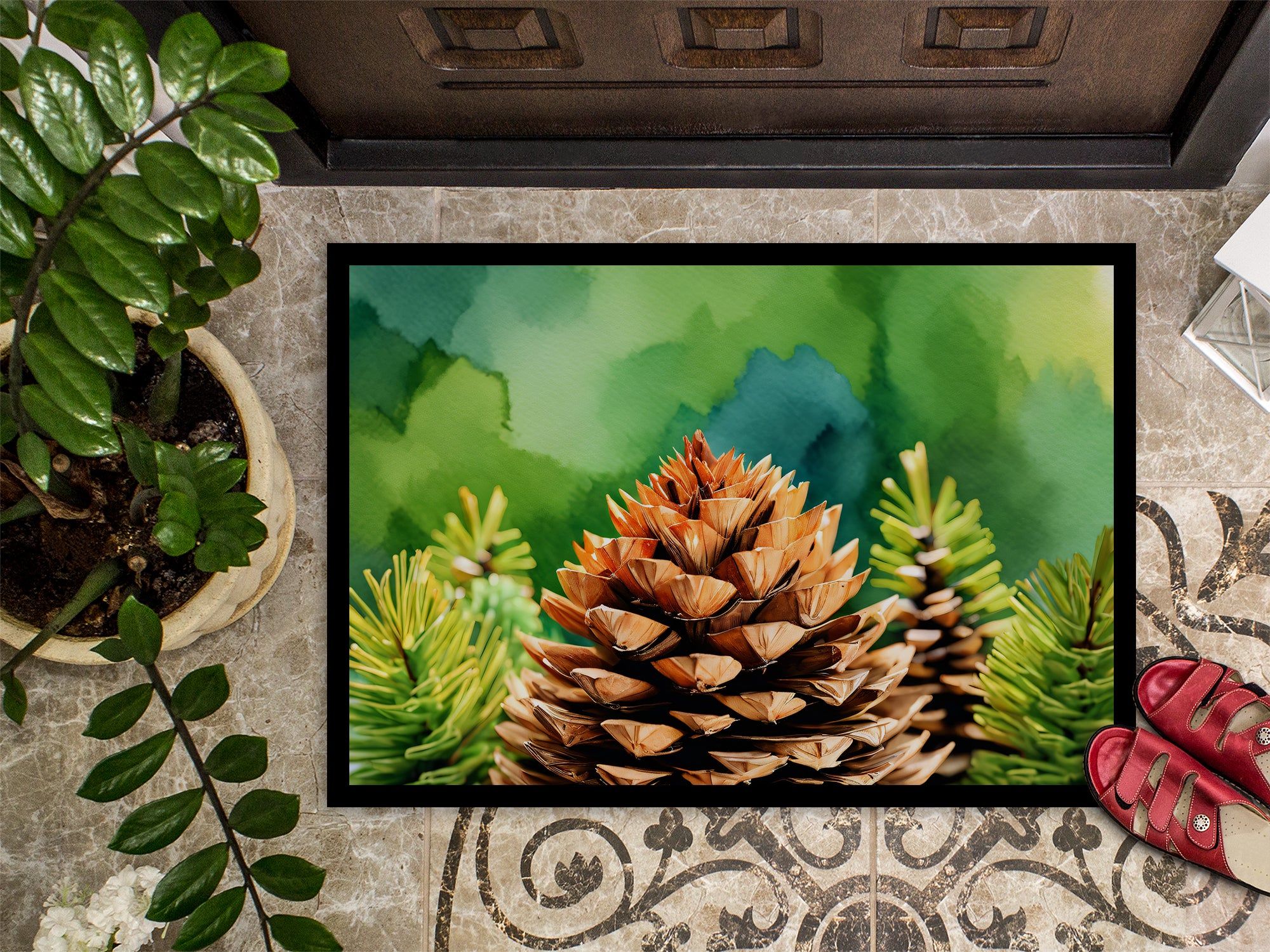 Maine White Pine Cone and Tassels in Watercolor Indoor or Outdoor Mat 24x36