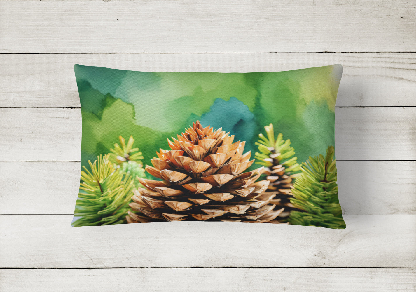 Maine White Pine Cone and Tassels in Watercolor Fabric Decorative Pillow  the-store.com.