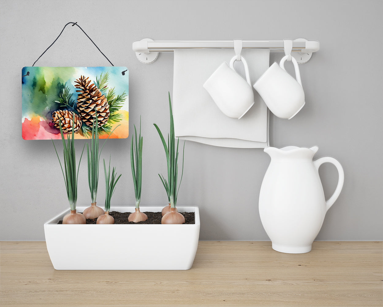 Maine White Pine Cone and Tassels in Watercolor Wall or Door Hanging Prints  the-store.com.