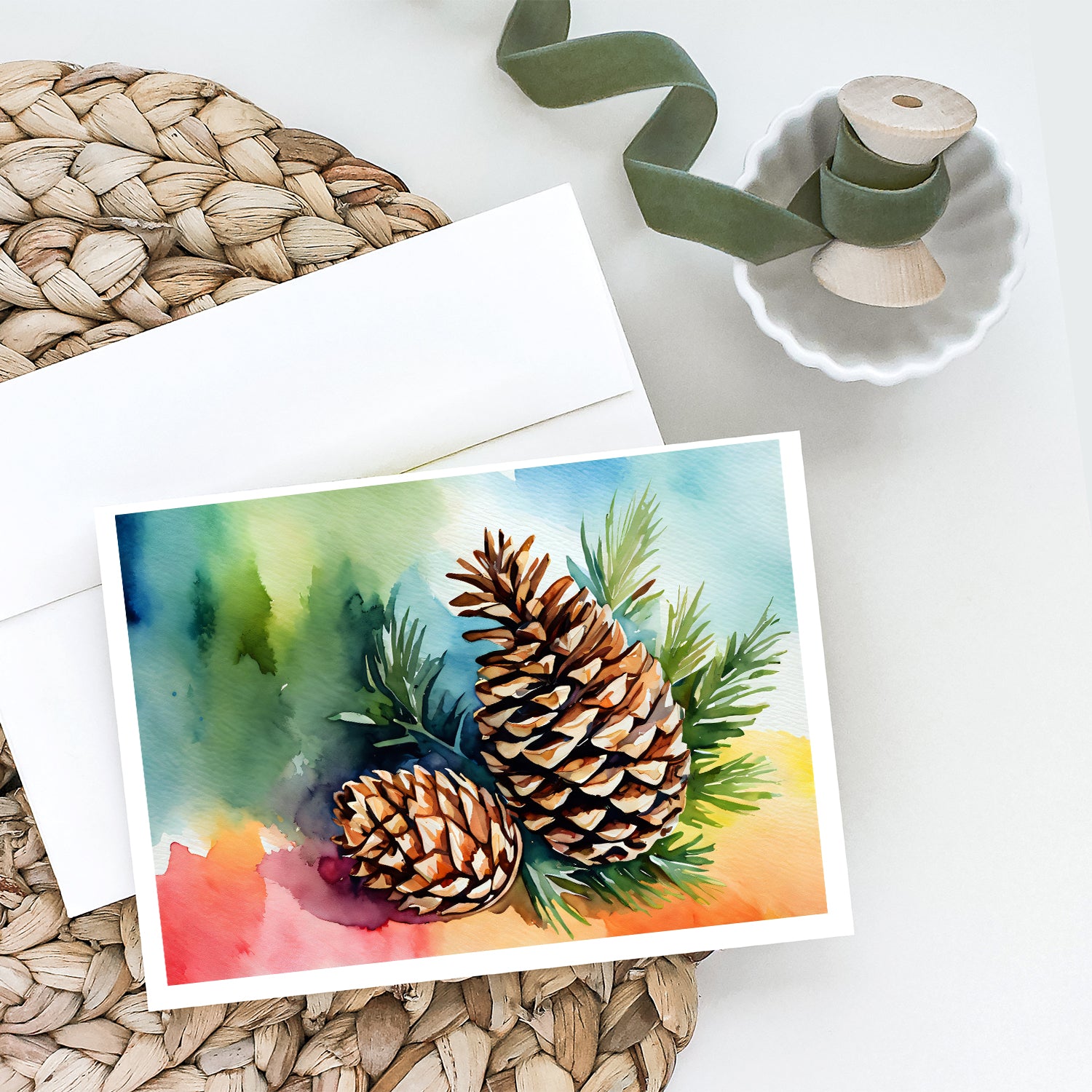 Buy this Maine White Pine Cone and Tassels in Watercolor Greeting Cards and Envelopes Pack of 8