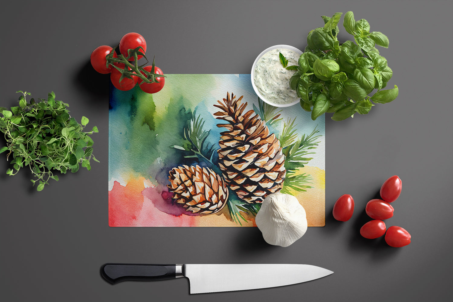 Maine White Pine Cone and Tassels in Watercolor Glass Cutting Board Large  the-store.com.
