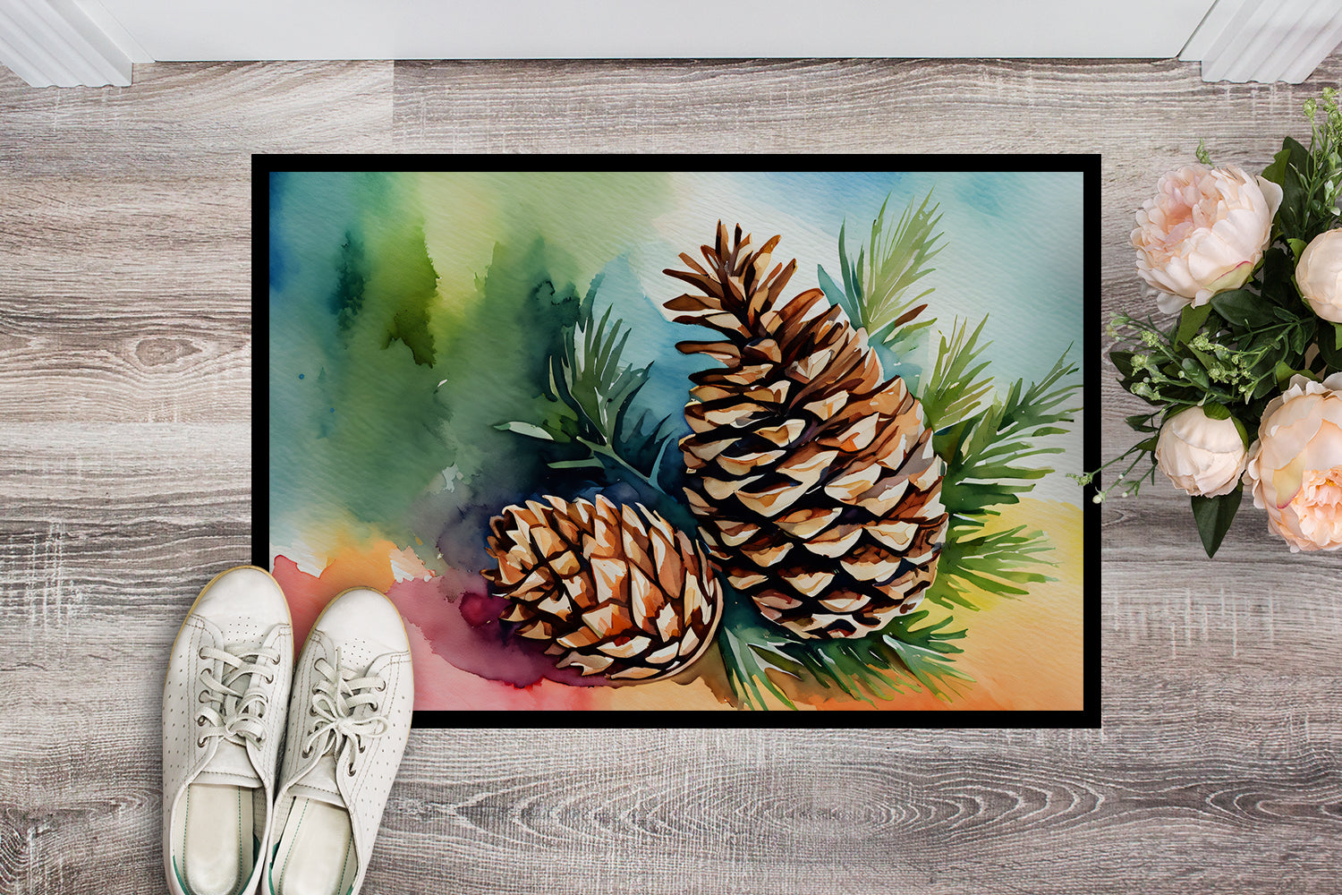 Maine White Pine Cone and Tassels in Watercolor Doormat 18x27  the-store.com.