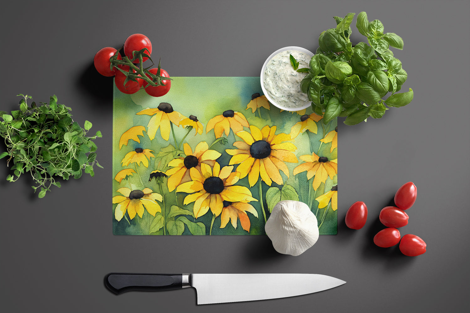 Maryland Black-Eyed Susans in Watercolor Glass Cutting Board Large  the-store.com.