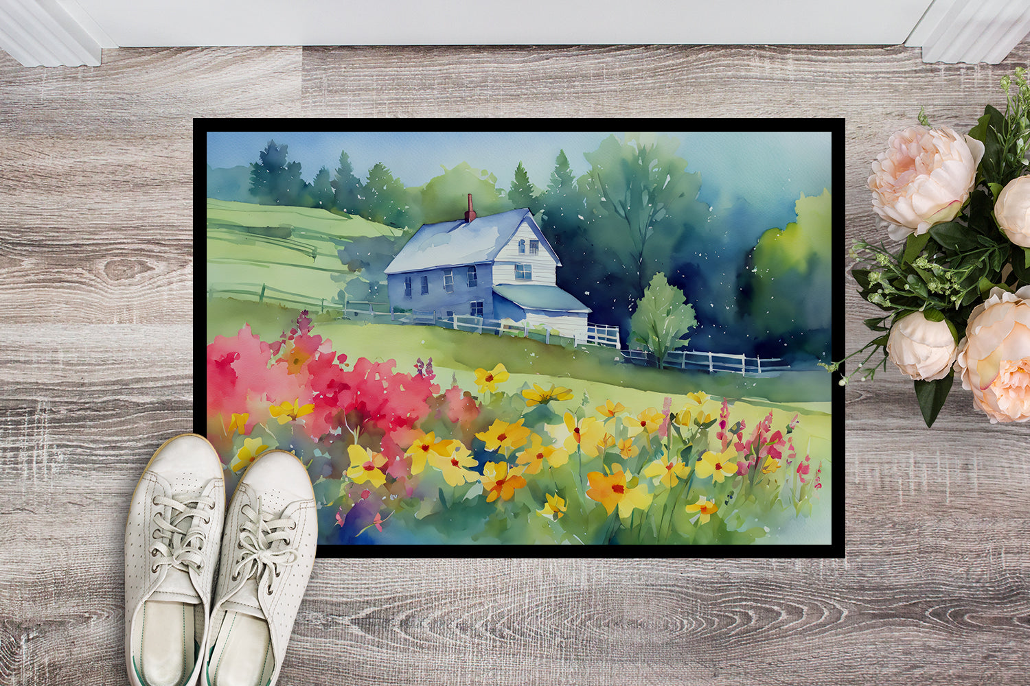 Buy this Massachusetts Mayflowers in Watercolor Indoor or Outdoor Mat 24x36