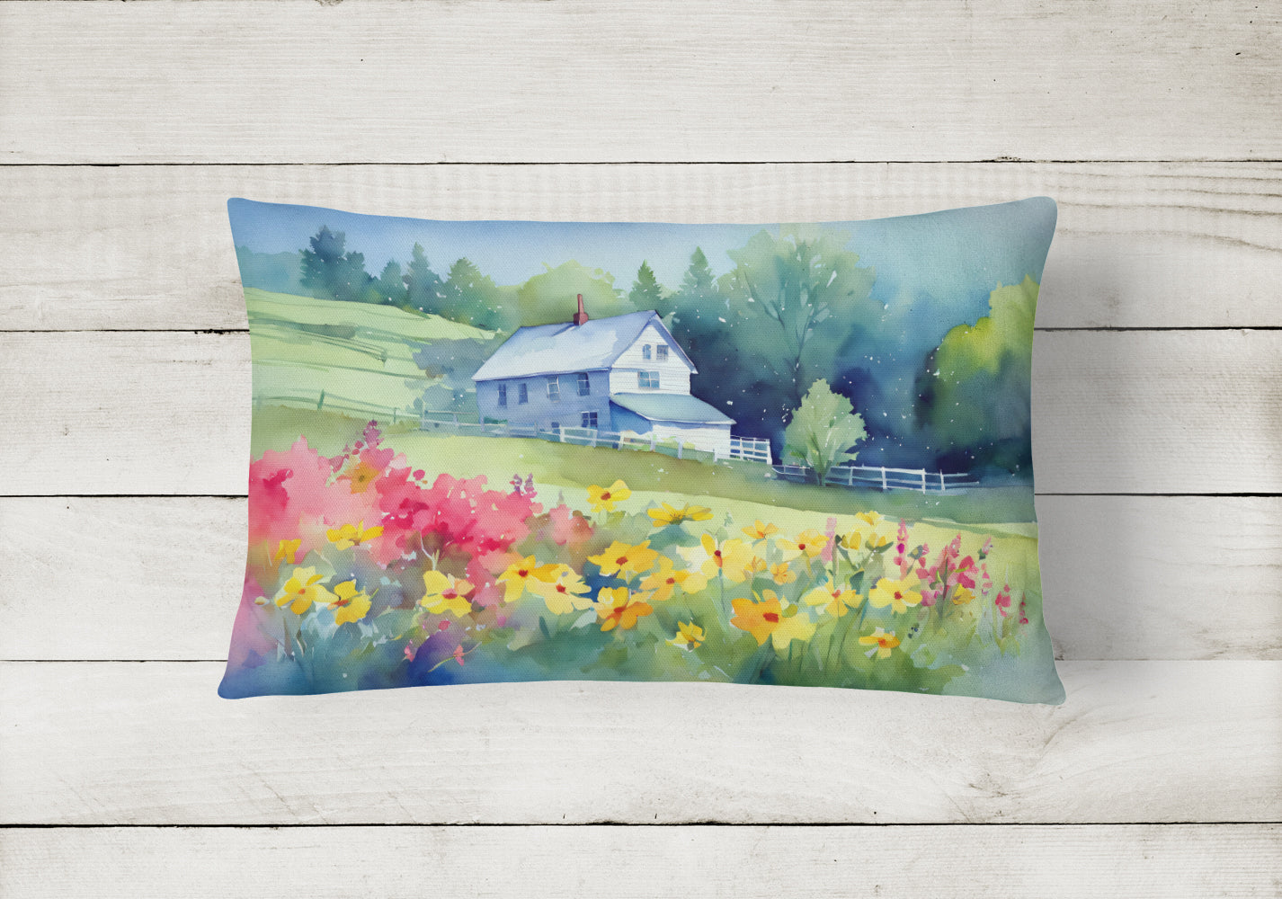 Massachusetts Mayflowers in Watercolor Fabric Decorative Pillow  the-store.com.