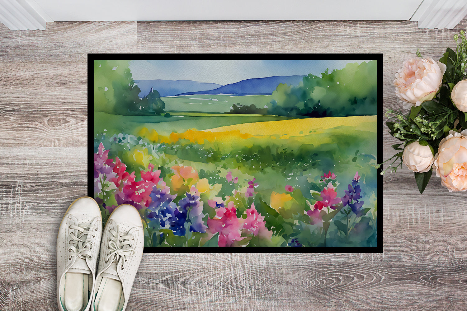 Massachusetts Mayflowers in Watercolor Indoor or Outdoor Mat 24x36  the-store.com.