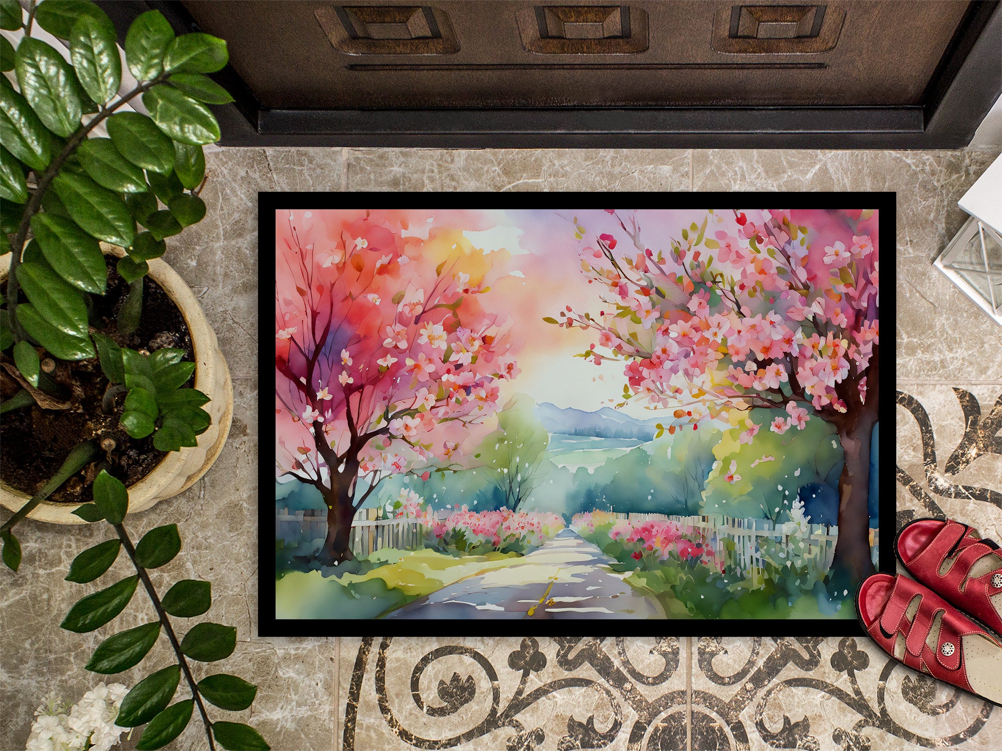 Michigan Apple Blossoms in Watercolor Doormat 18x27