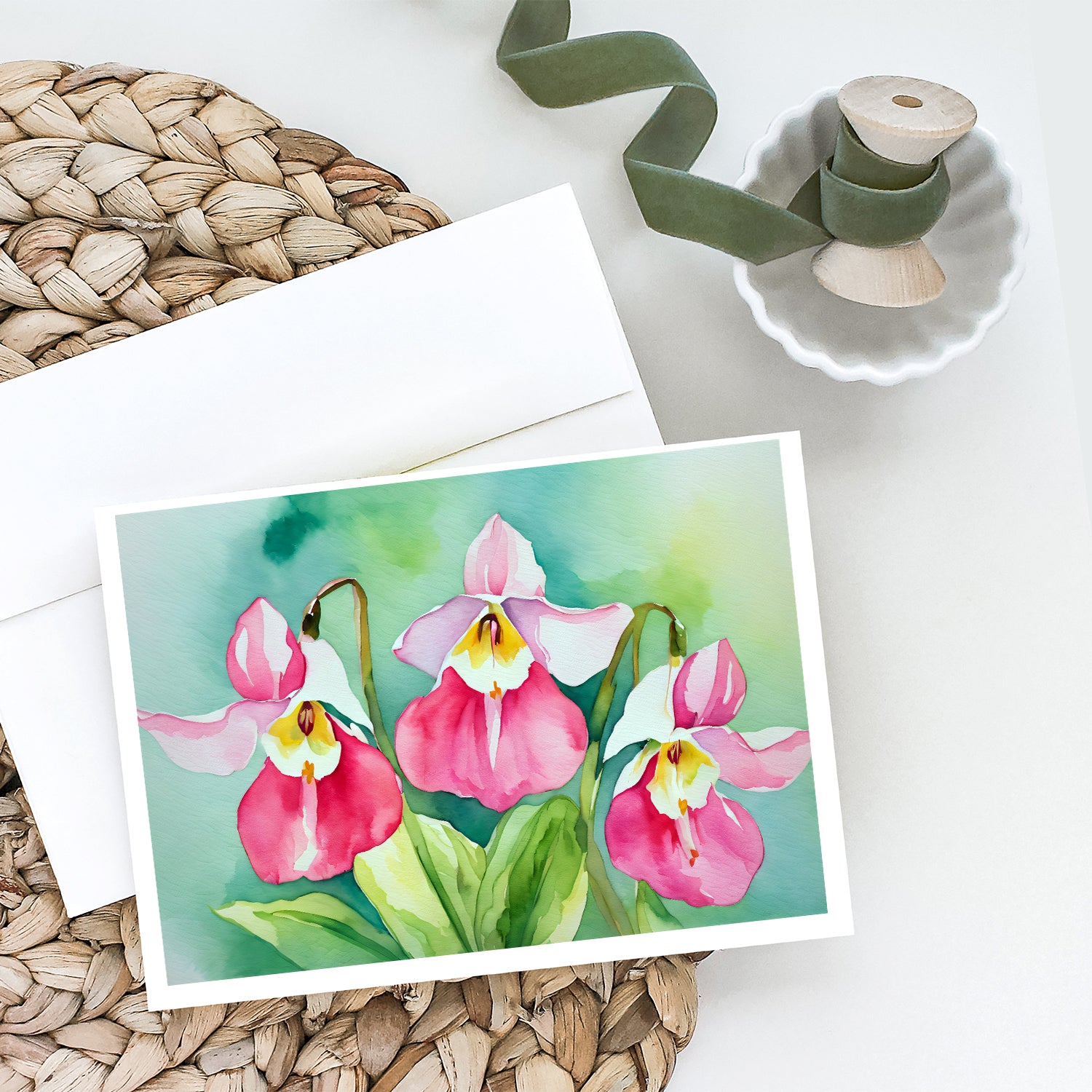Minnesota Pink and White Lady’s Slippers in Watercolor Greeting Cards and Envelopes Pack of 8  the-store.com.