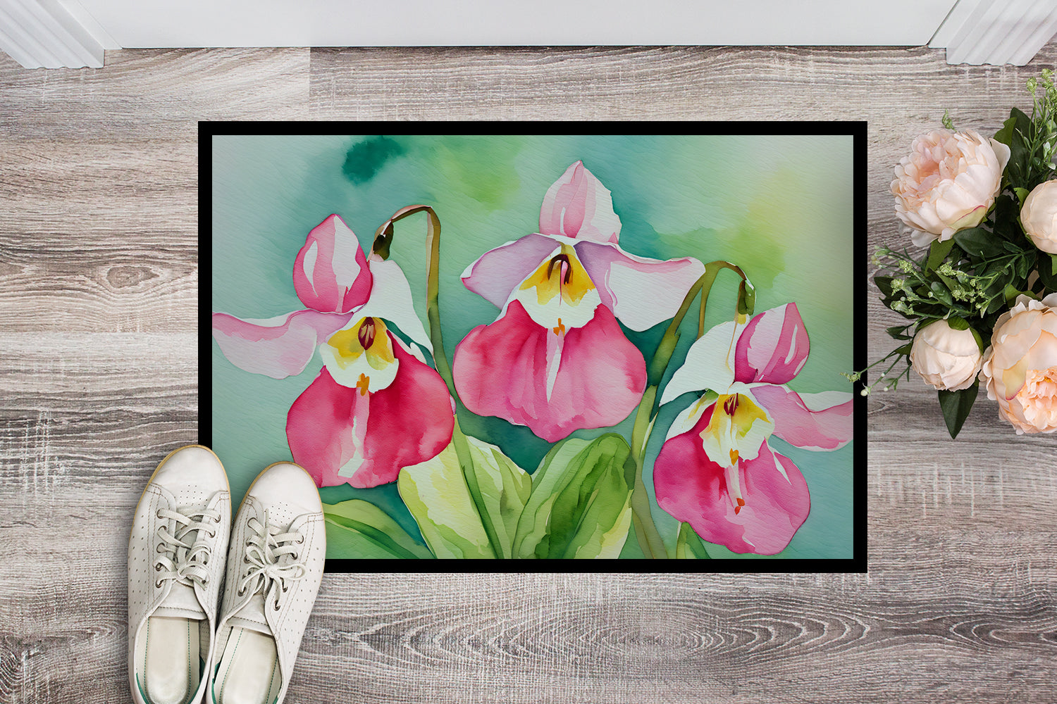 Minnesota Pink and White Lady’s Slippers in Watercolor Indoor or Outdoor Mat 24x36  the-store.com.