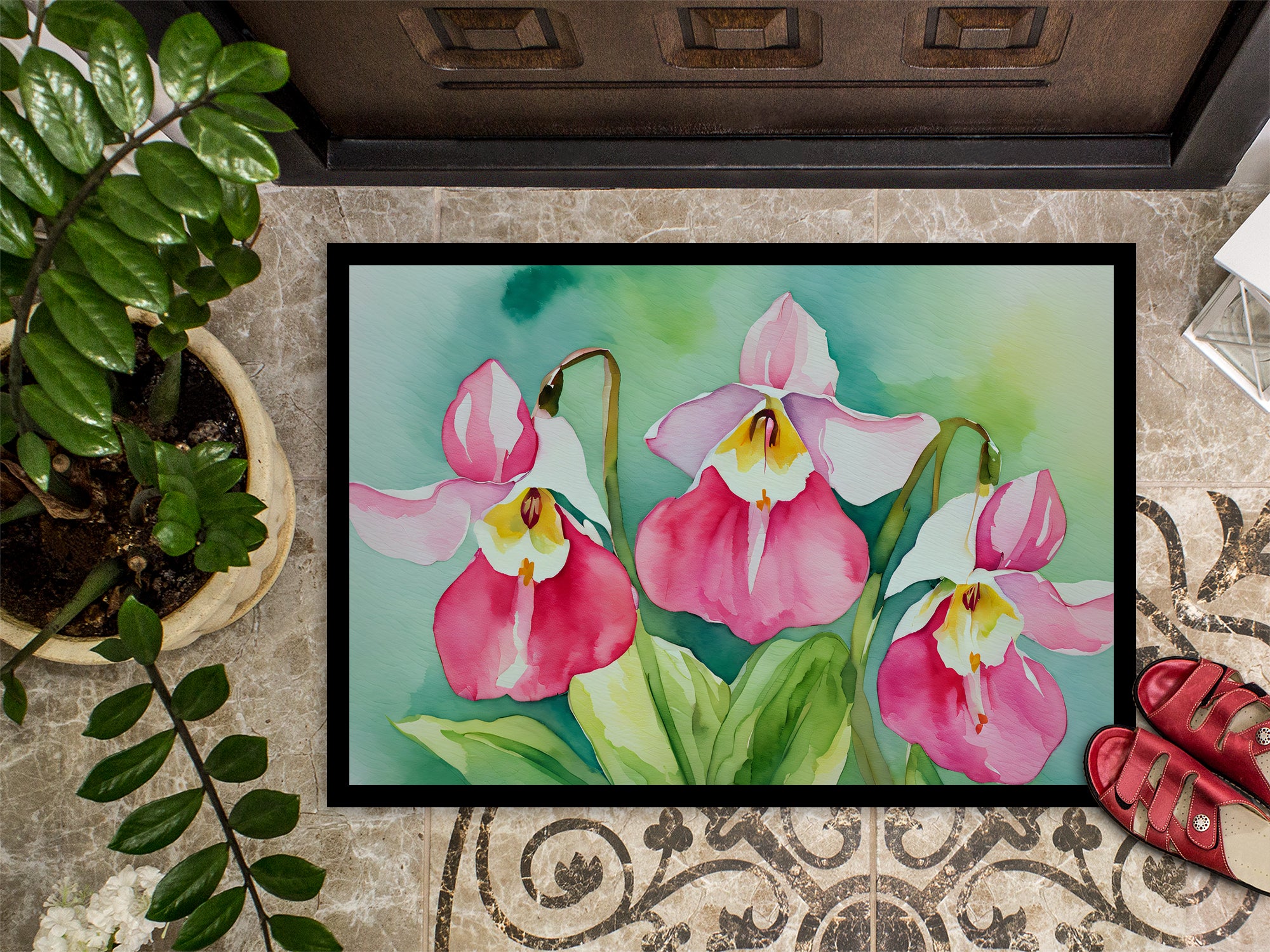 Minnesota Pink and White Lady’s Slippers in Watercolor Indoor or Outdoor Mat 24x36  the-store.com.