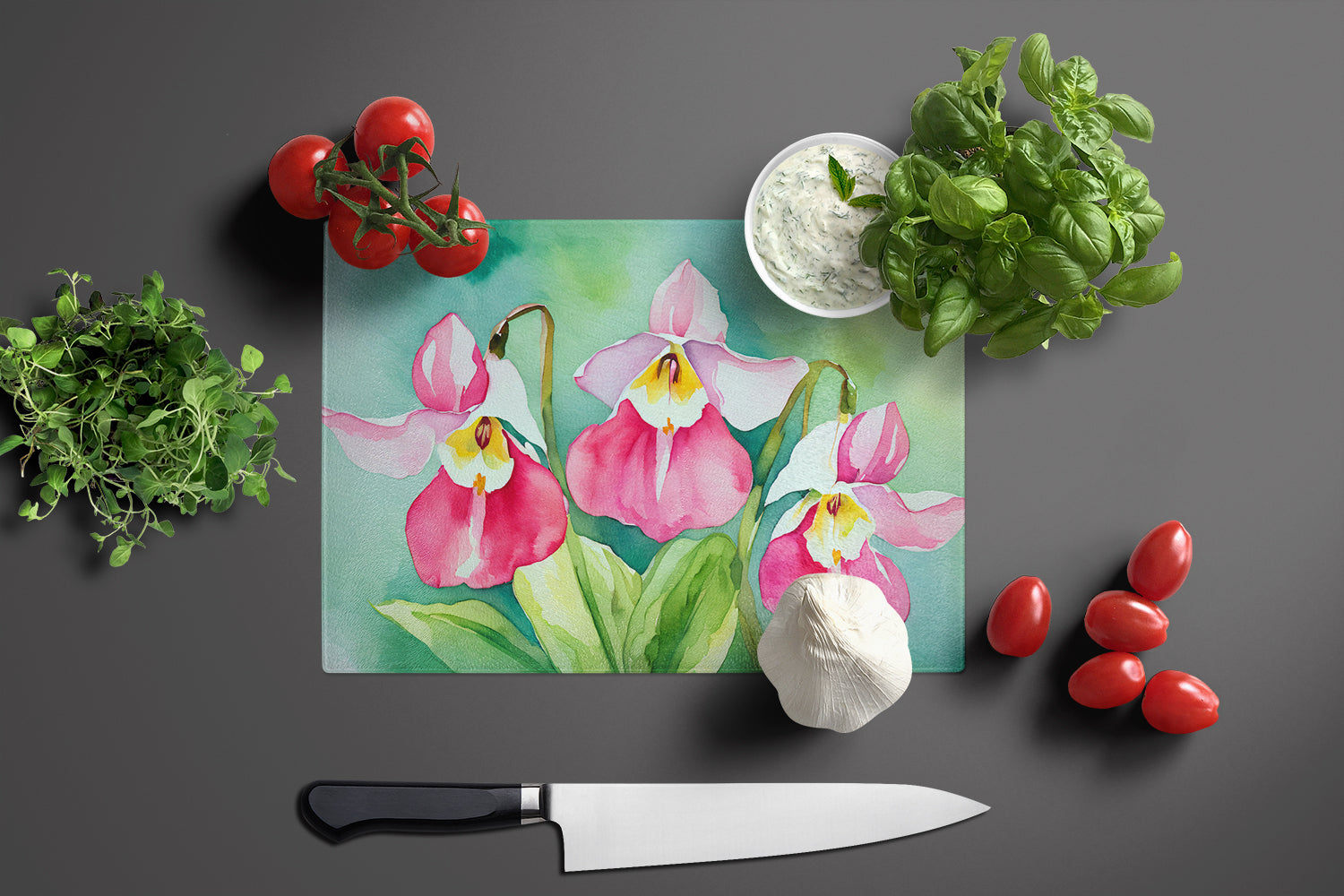 Minnesota Pink and White Lady’s Slippers in Watercolor Glass Cutting Board Large  the-store.com.