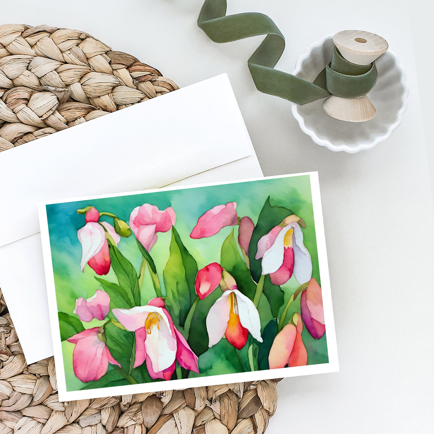 Minnesota Pink and White Lady’s Slippers in Watercolor Greeting Cards and Envelopes Pack of 8  the-store.com.