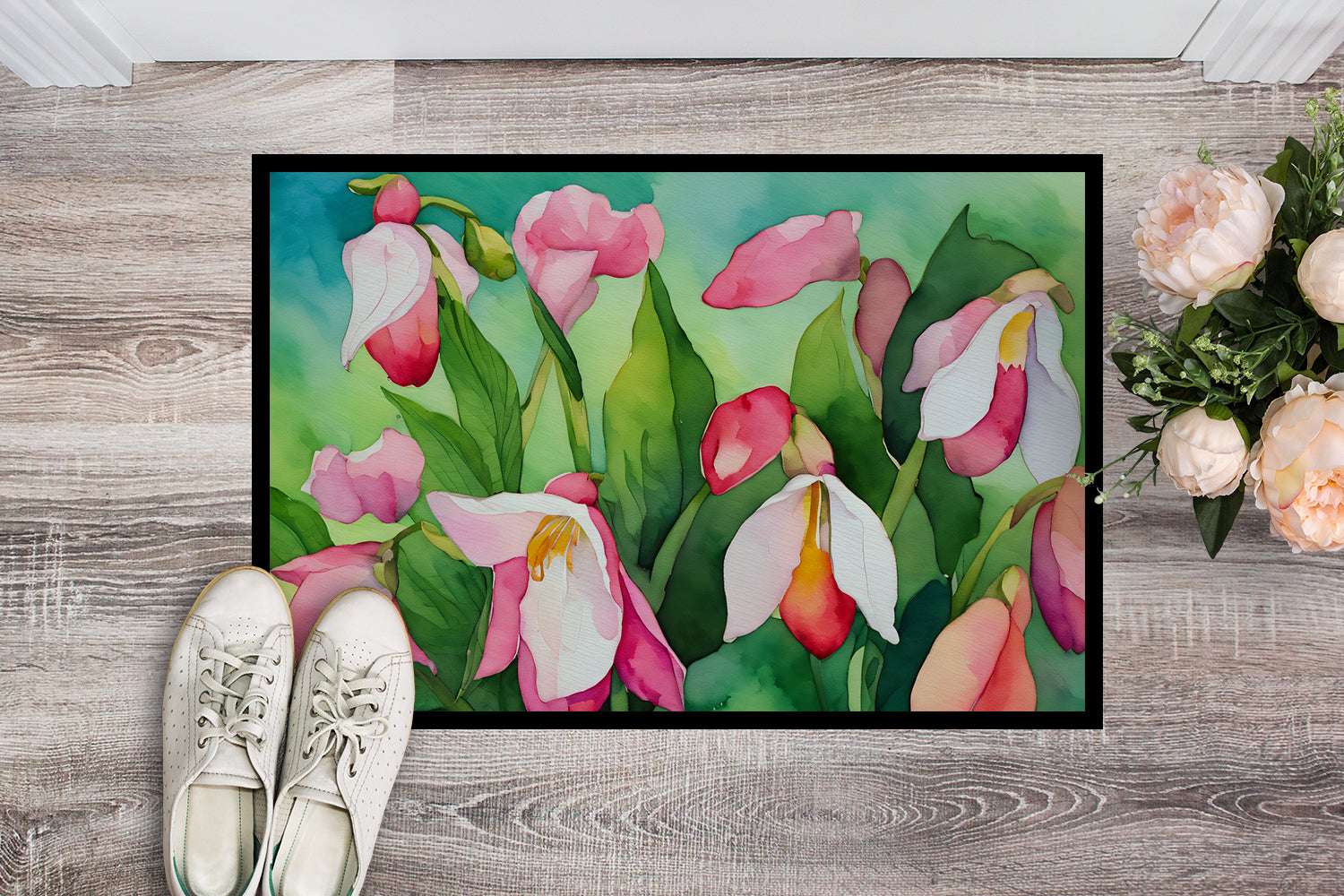 Minnesota Pink and White Lady’s Slippers in Watercolor Indoor or Outdoor Mat 24x36  the-store.com.