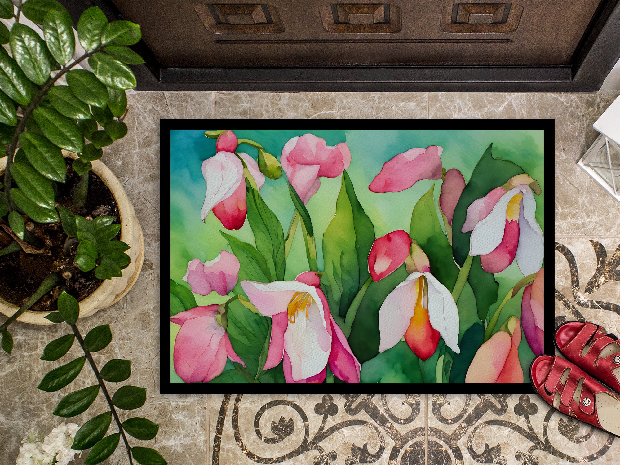 Minnesota Pink and White Lady’s Slippers in Watercolor Indoor or Outdoor Mat 24x36  the-store.com.