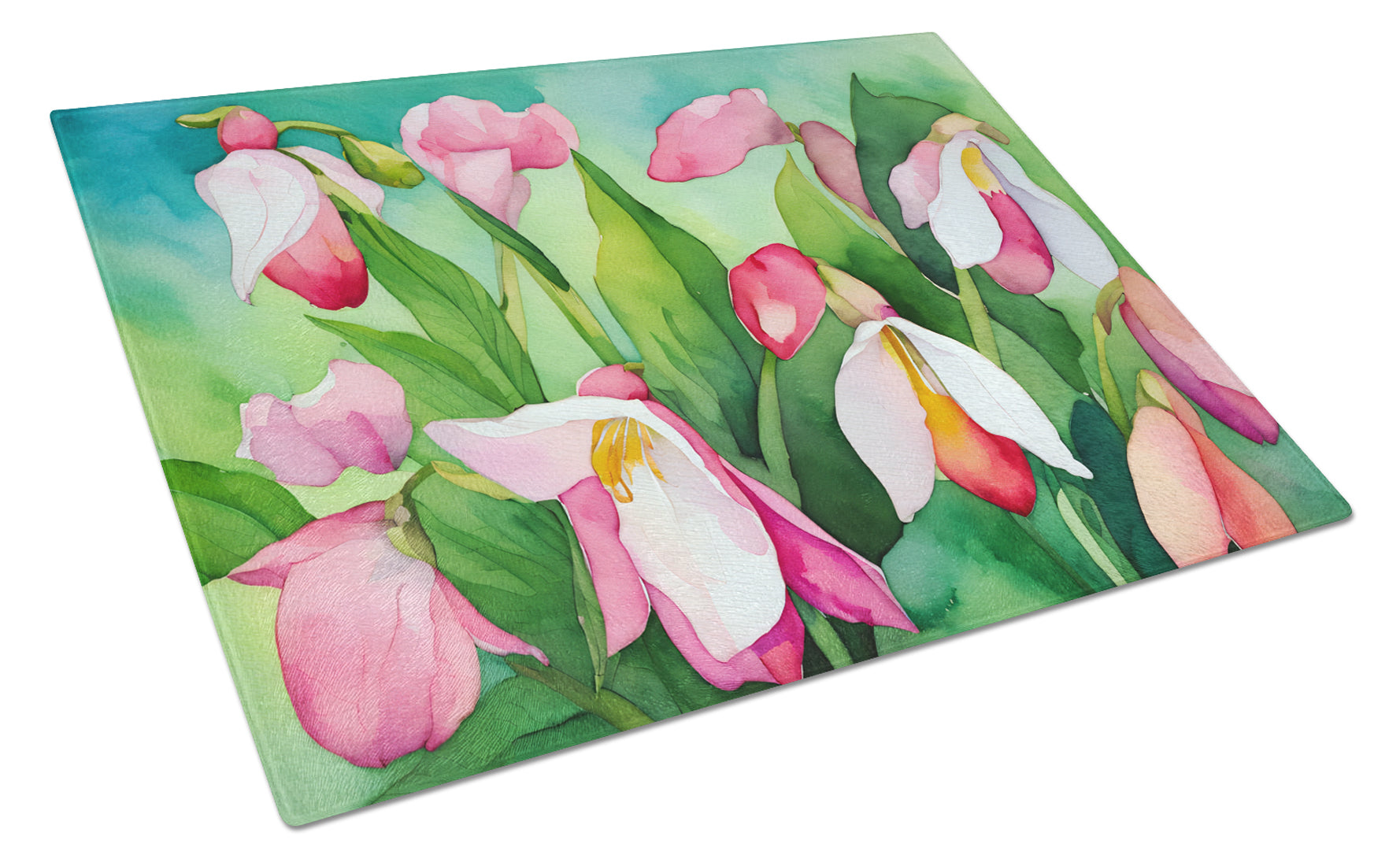 Buy this Minnesota Pink and White Lady’s Slippers in Watercolor Glass Cutting Board Large