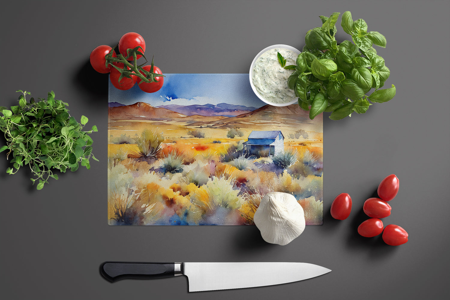 Nevada Sagebrush in Watercolor Glass Cutting Board Large  the-store.com.