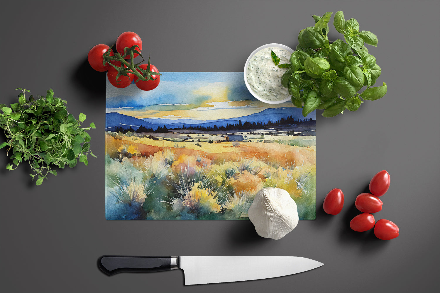 Nevada Sagebrush in Watercolor Glass Cutting Board Large  the-store.com.
