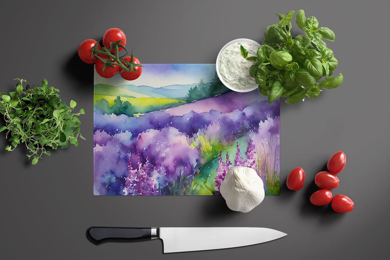 New Hampshire Purple Lilac in Watercolor Glass Cutting Board Large  the-store.com.