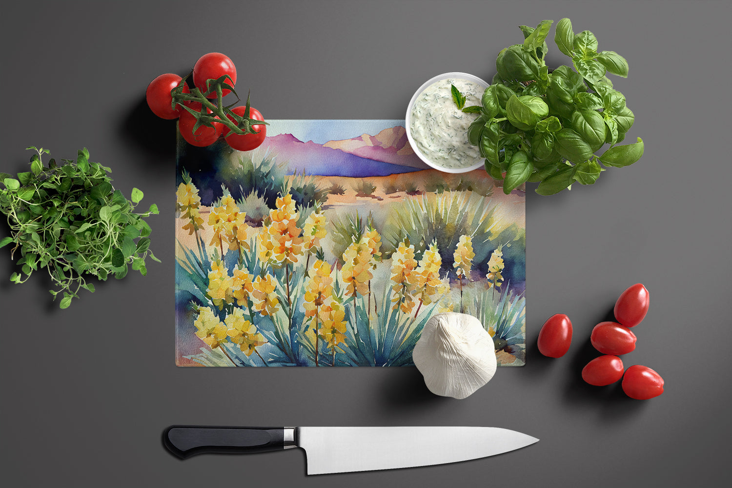 New Mexico Yucca Flower in Watercolor Glass Cutting Board Large  the-store.com.