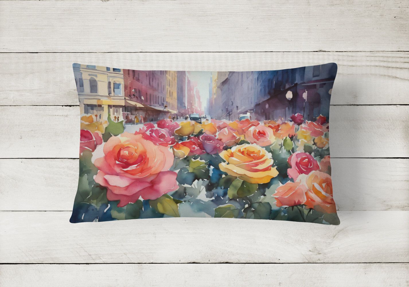 New York Roses in Watercolor Fabric Decorative Pillow  the-store.com.
