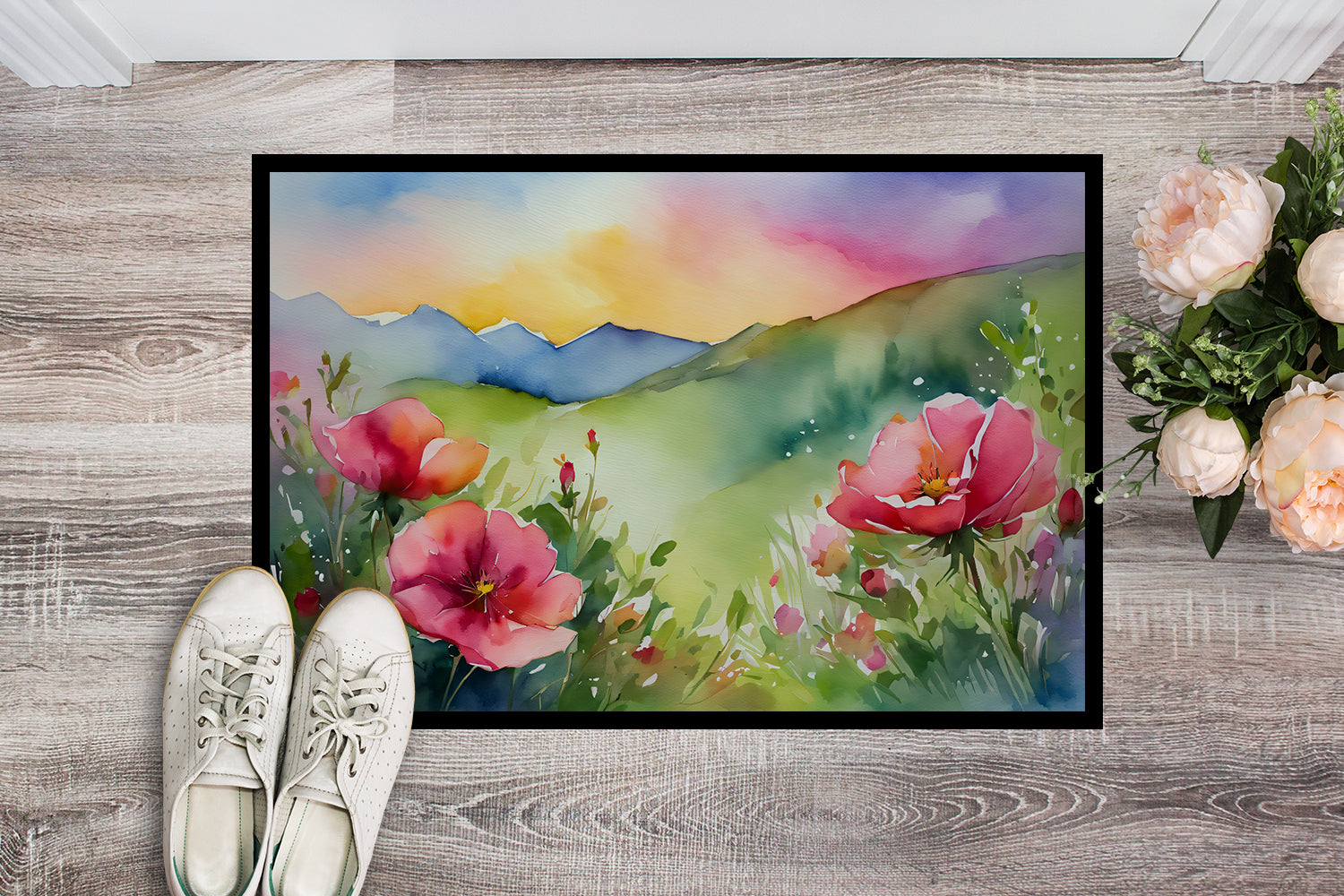 Buy this North Dakota Wild Prairie Roses in Watercolor Indoor or Outdoor Mat 24x36