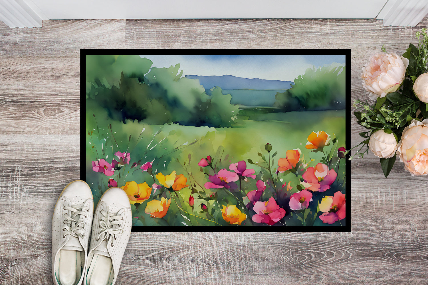 Buy this North Dakota Wild Prairie Roses in Watercolor Indoor or Outdoor Mat 24x36