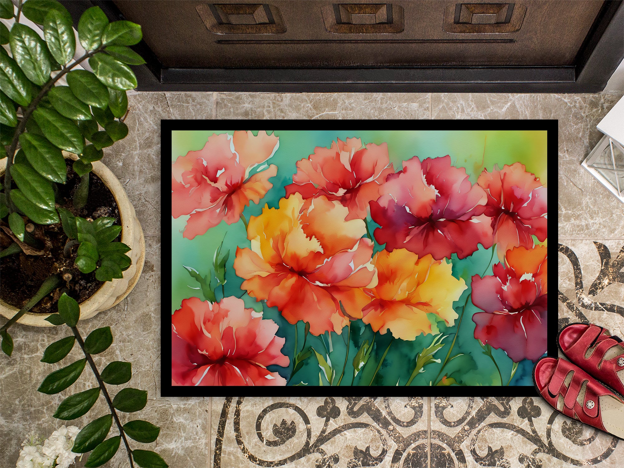 Ohio Scarlet Carnations in Watercolor Doormat 18x27