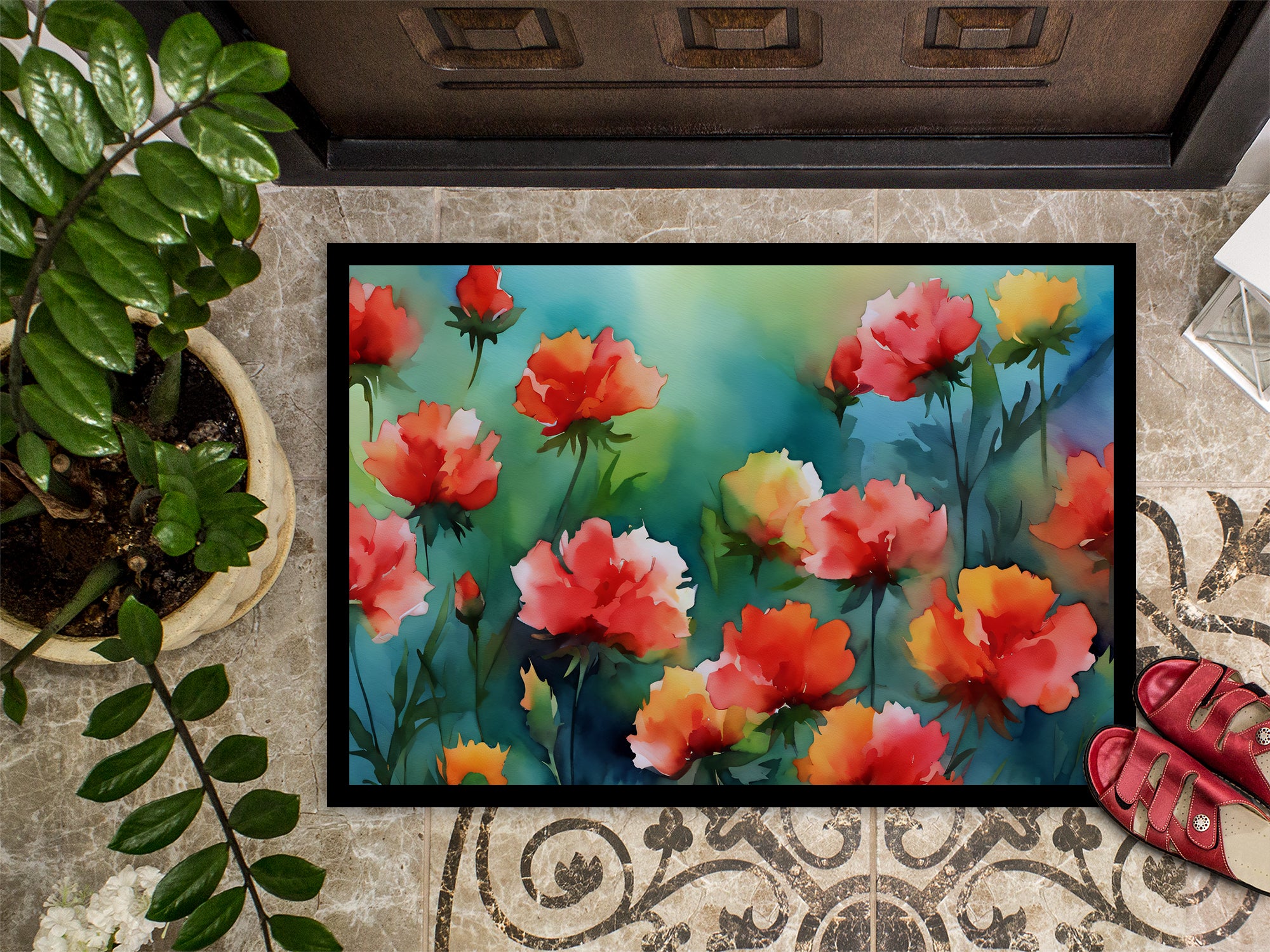 Ohio Scarlet Carnations in Watercolor Doormat 18x27  the-store.com.