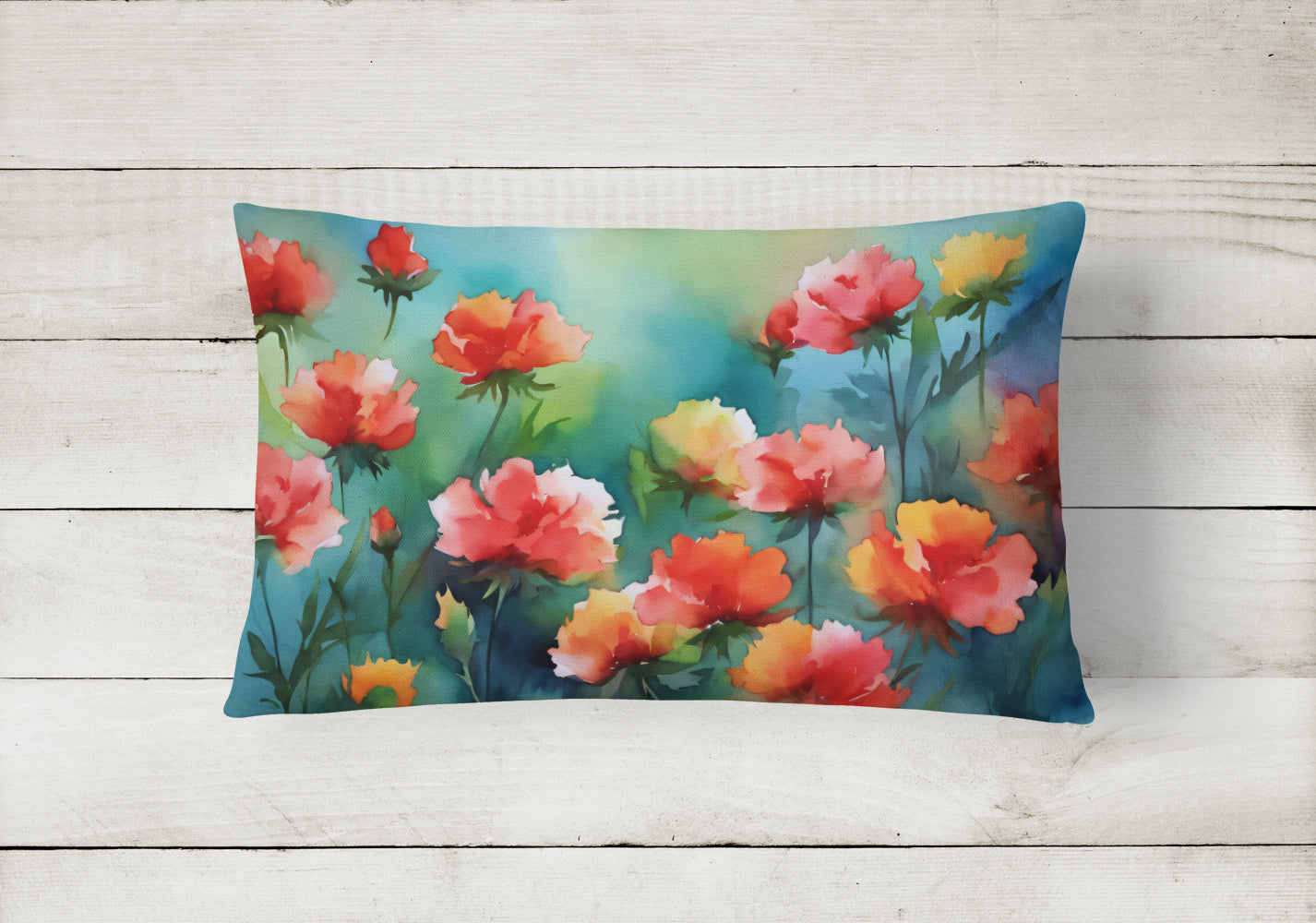 Ohio Scarlet Carnations in Watercolor Fabric Decorative Pillow  the-store.com.