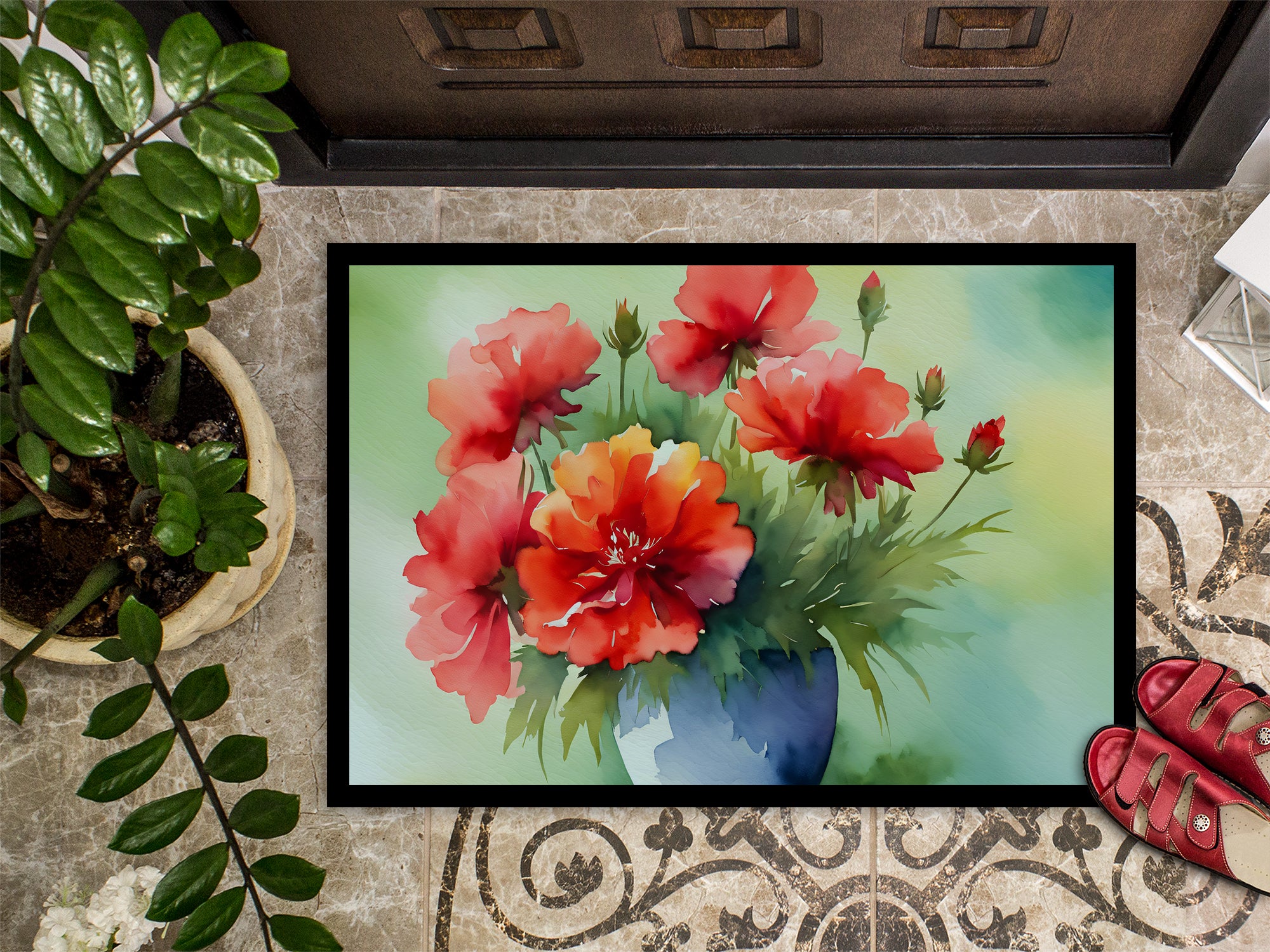 Ohio Scarlet Carnations in Watercolor Indoor or Outdoor Mat 24x36  the-store.com.