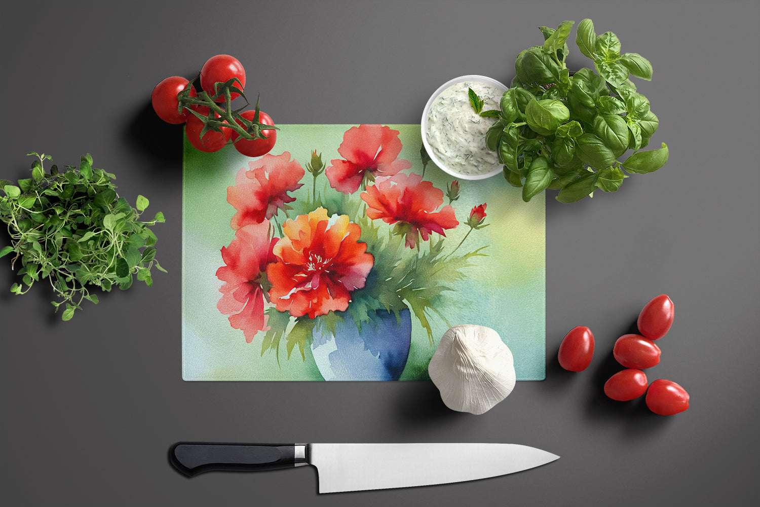 Ohio Scarlet Carnations in Watercolor Glass Cutting Board Large  the-store.com.