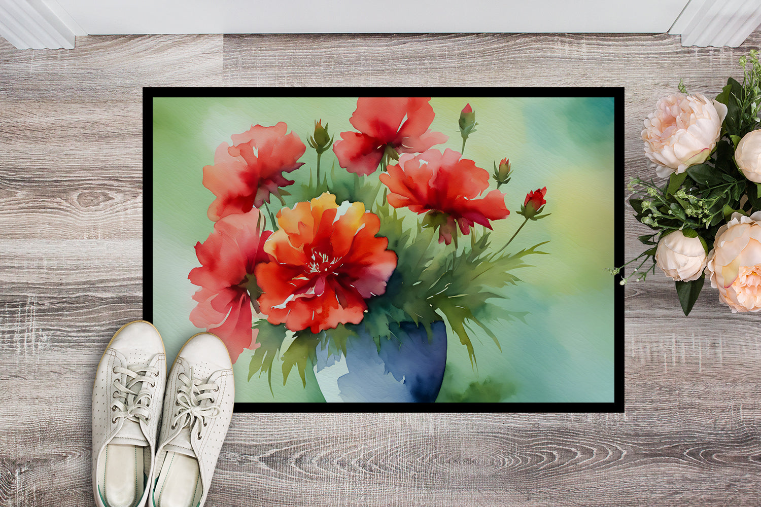 Ohio Scarlet Carnations in Watercolor Doormat 18x27