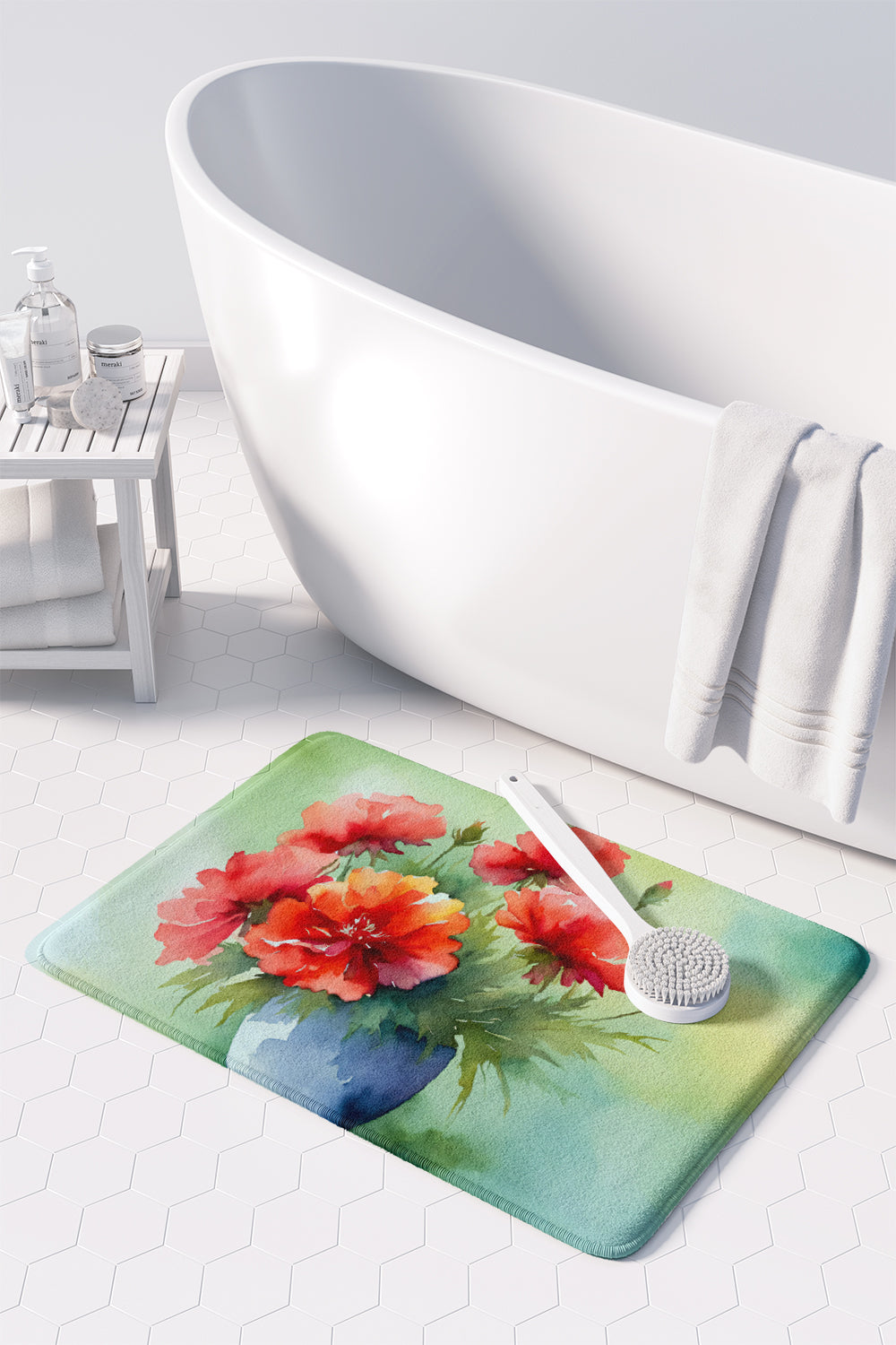 Ohio Scarlet Carnations in Watercolor Memory Foam Kitchen Mat  the-store.com.