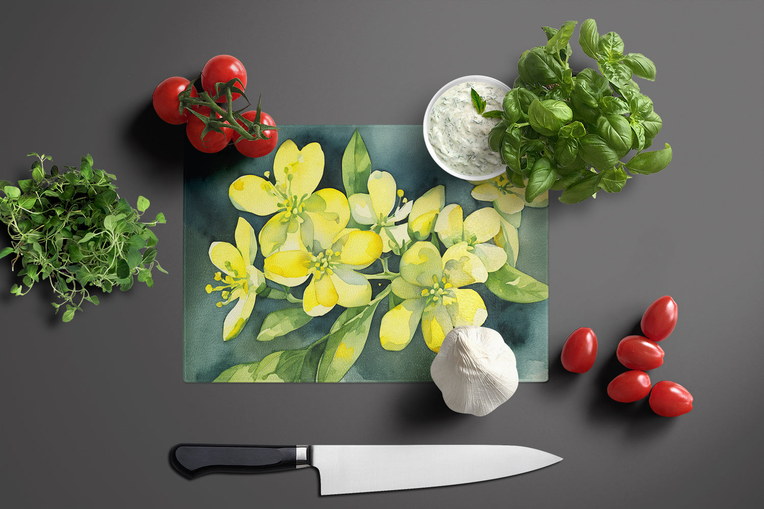 South Carolina Yellow Jessamine in Watercolor Glass Cutting Board Large  the-store.com.