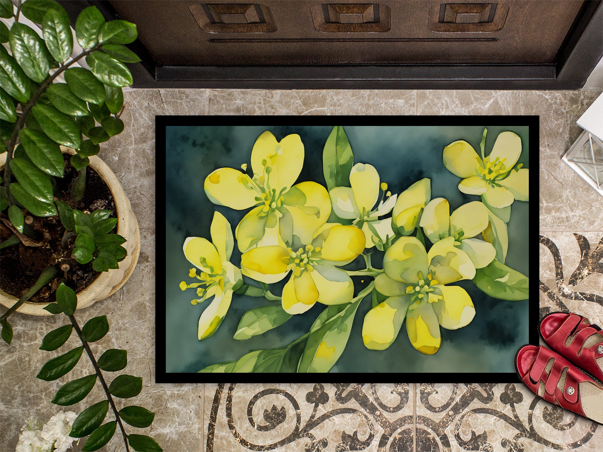 South Carolina Yellow Jessamine in Watercolor Doormat 18x27