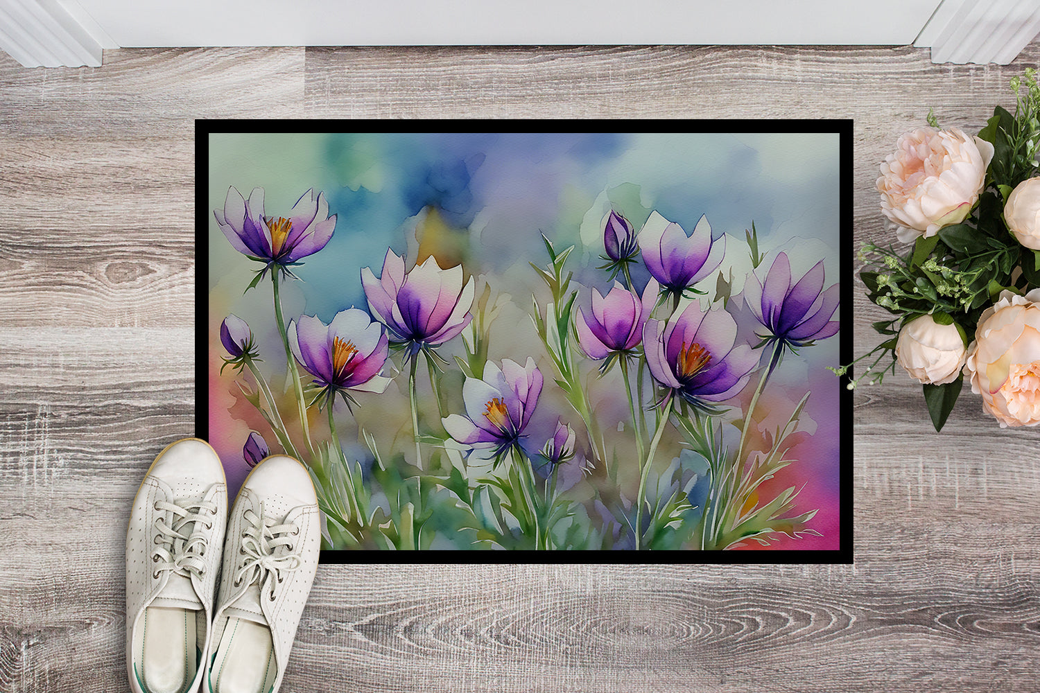 South Dakota Pasque Flowers in Watercolor Indoor or Outdoor Mat 24x36  the-store.com.