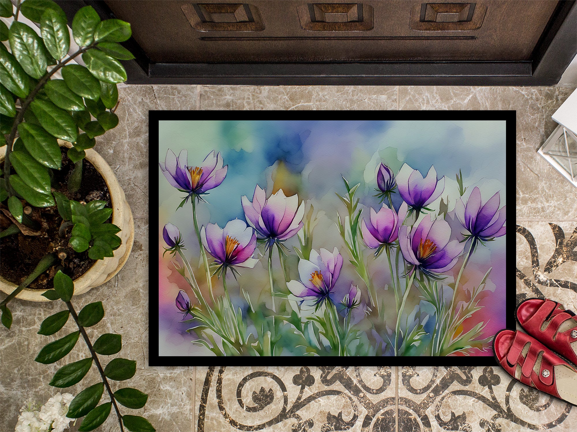 South Dakota Pasque Flowers in Watercolor Doormat 18x27