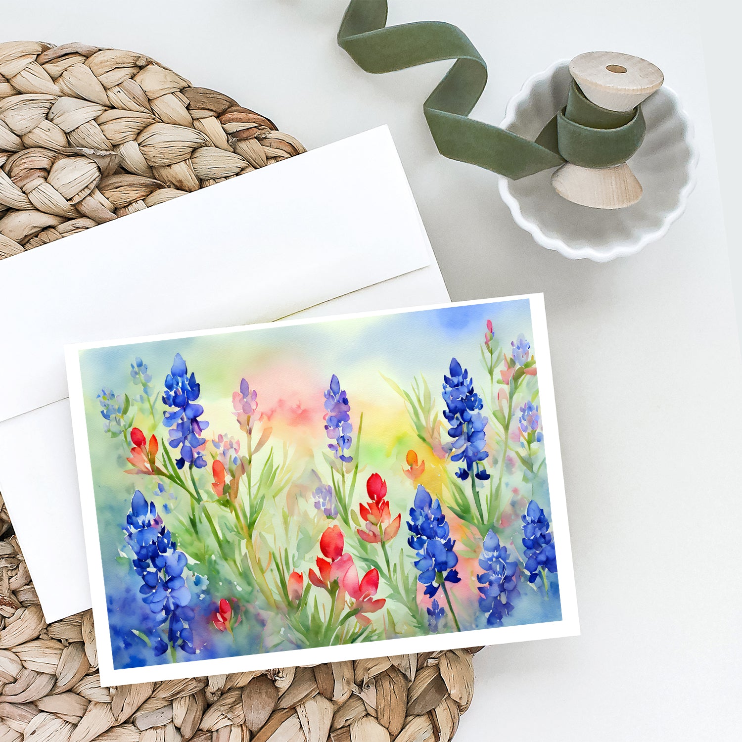 Texas Bluebonnets in Watercolor Greeting Cards and Envelopes Pack of 8  the-store.com.