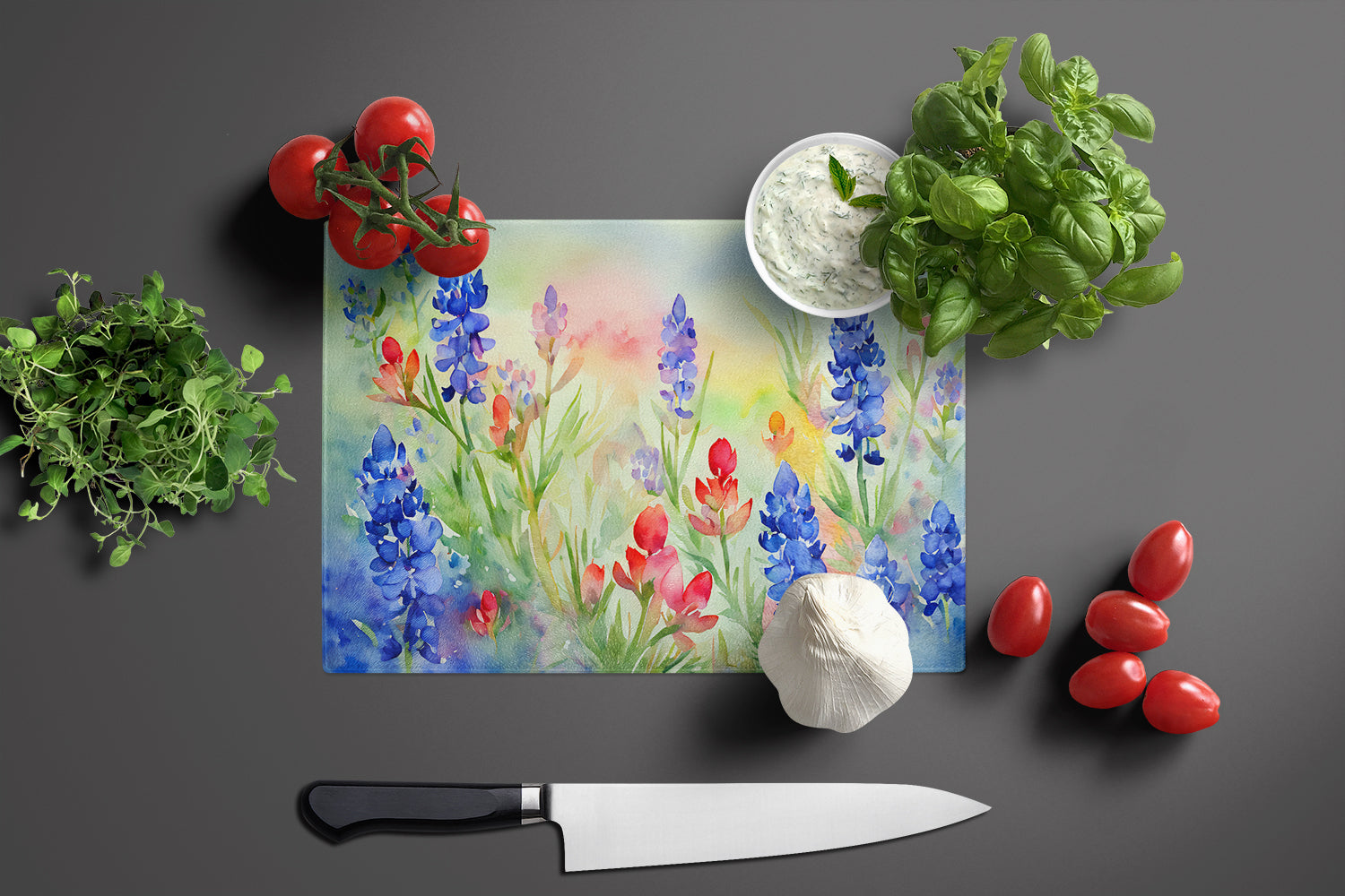 Texas Bluebonnets in Watercolor Glass Cutting Board Large  the-store.com.