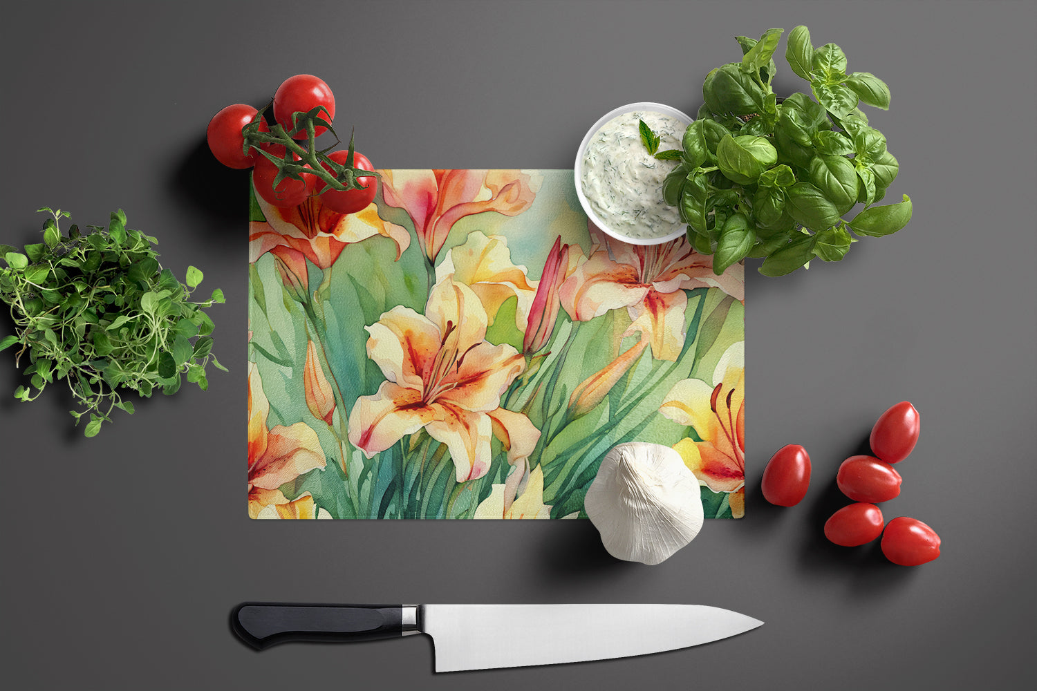 Utah Sego Lilies in Watercolor Glass Cutting Board Large  the-store.com.